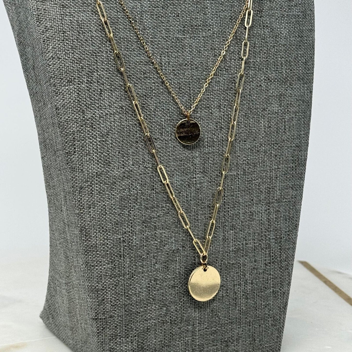 Gold Chain Layered Necklace Minimal Simple Shiny Elegant Sleek Round Pendant