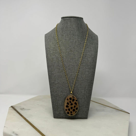 Gold Chain Oval Fur Pendant Necklace Leopard Print Minimal Boho Simple 21”