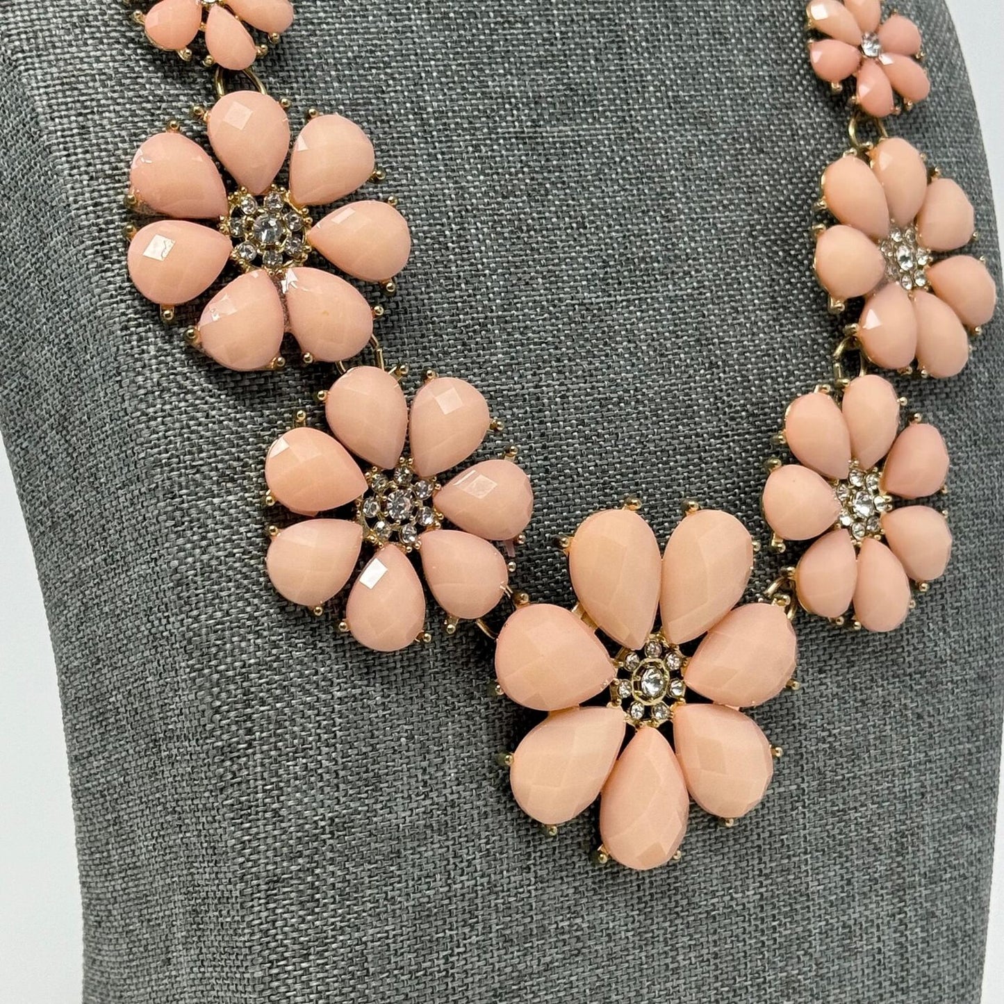 Pink Flower Statement Necklace Faceted Petal Rhinestone Elegant 16”