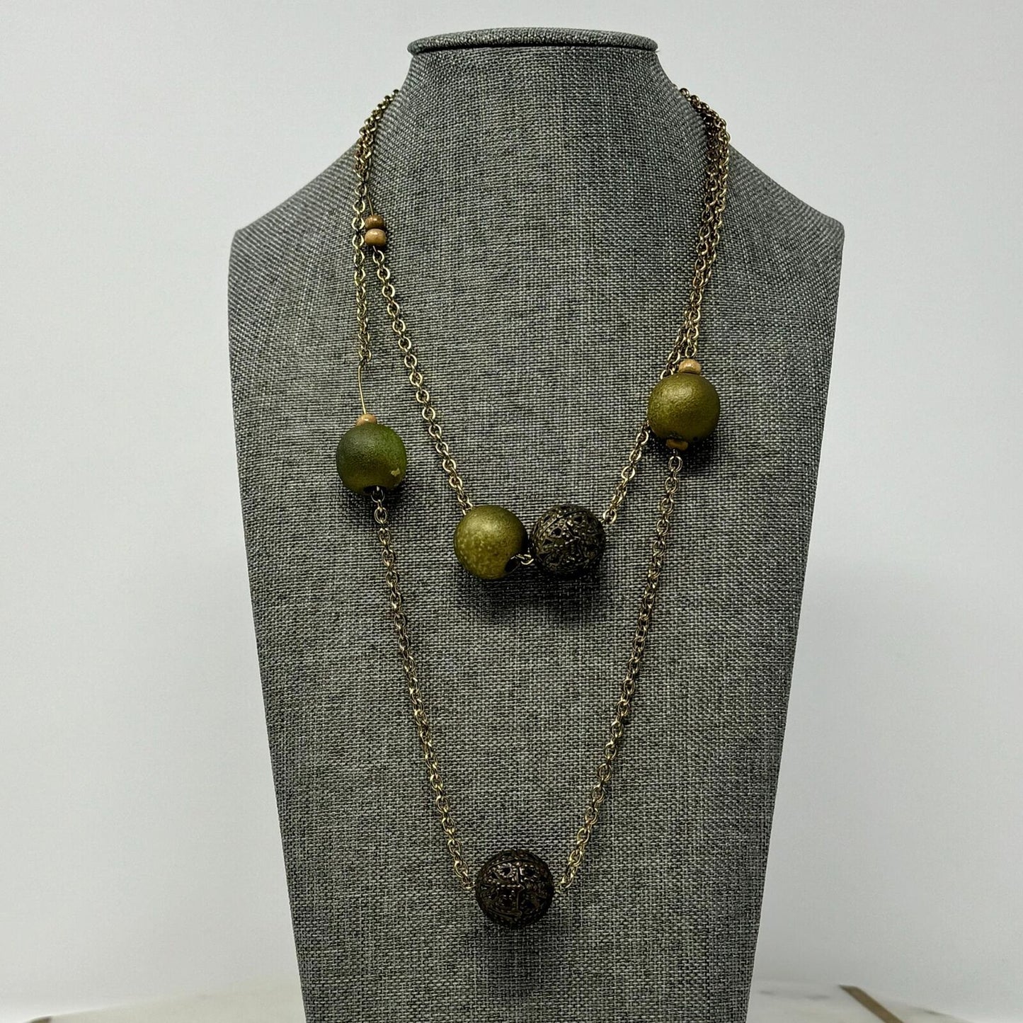 Beaded Brass Chain Station Necklace Green Beaded Accent Boho Rustic Simple