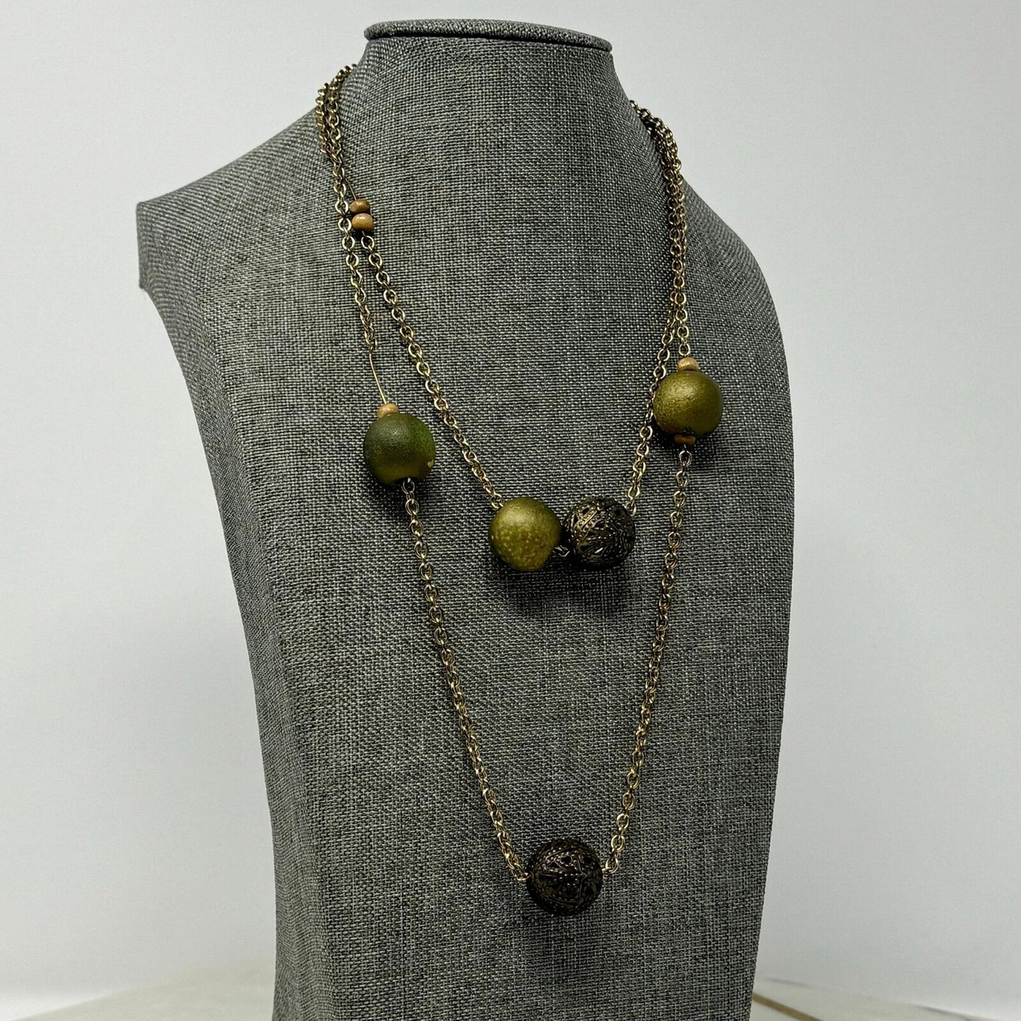 Beaded Brass Chain Station Necklace Green Beaded Accent Boho Rustic Simple
