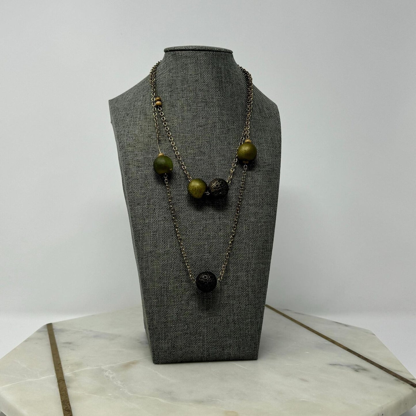 Beaded Brass Chain Station Necklace Green Beaded Accent Boho Rustic Simple