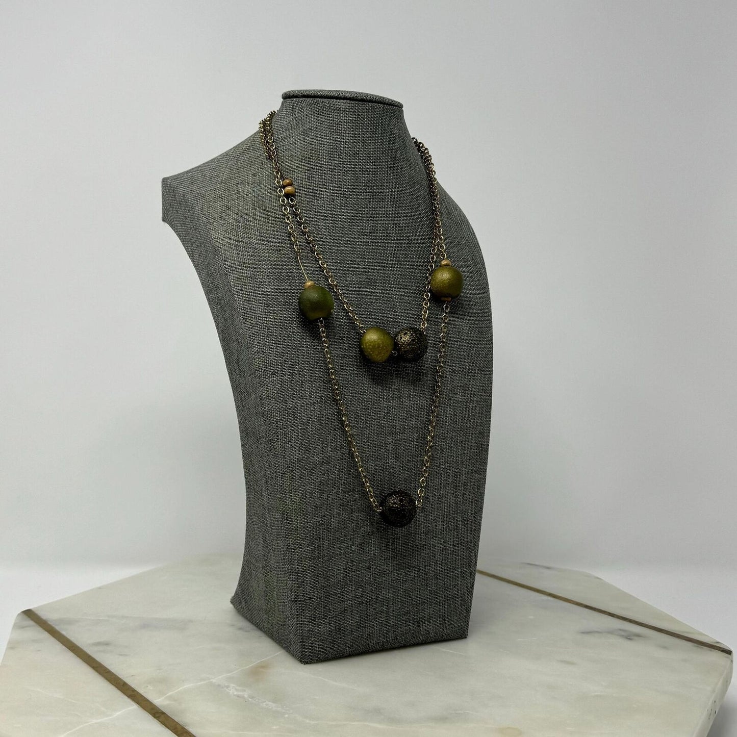 Beaded Brass Chain Station Necklace Green Beaded Accent Boho Rustic Simple
