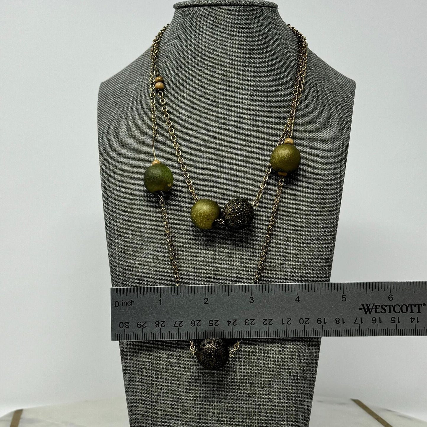Beaded Brass Chain Station Necklace Green Beaded Accent Boho Rustic Simple