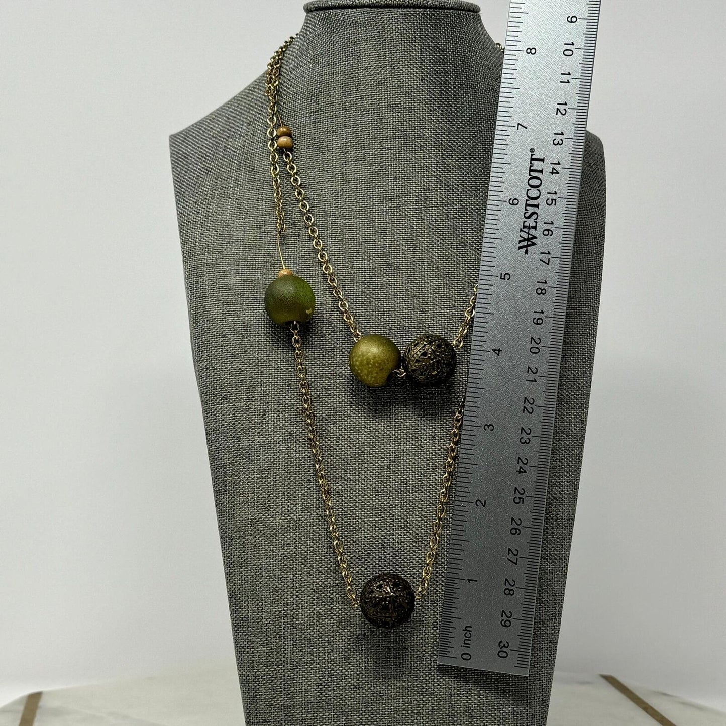 Beaded Brass Chain Station Necklace Green Beaded Accent Boho Rustic Simple
