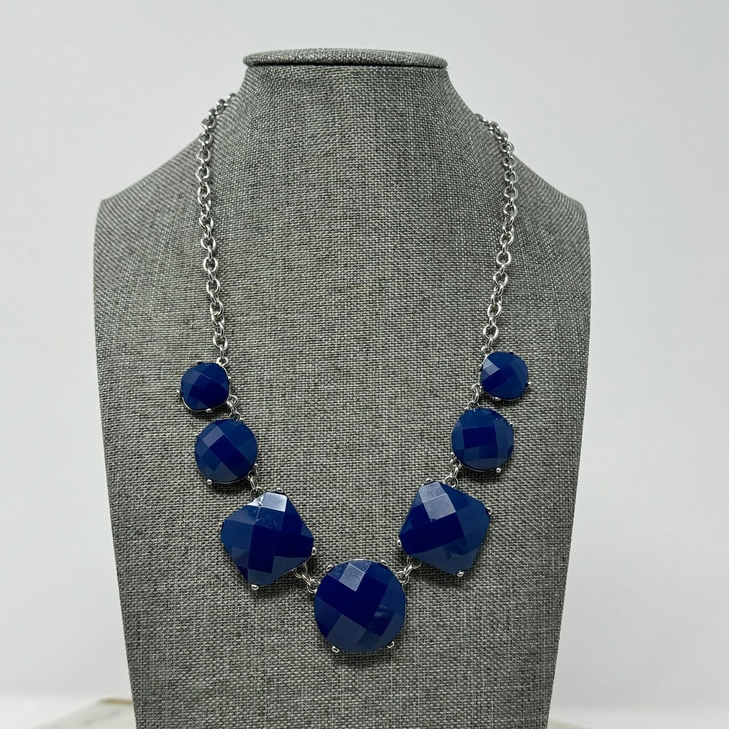Royal Blue Statement Silver Chain Necklace Faceted Gem Accent Minimal Elegant 16”
