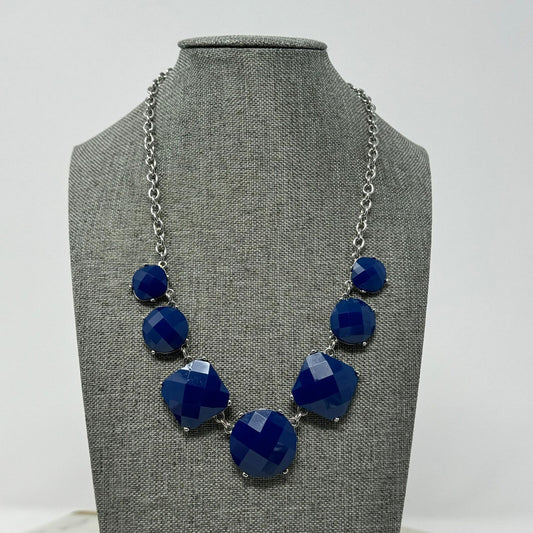 Royal Blue Statement Silver Chain Necklace Faceted Gem Accent Minimal Elegant 16”