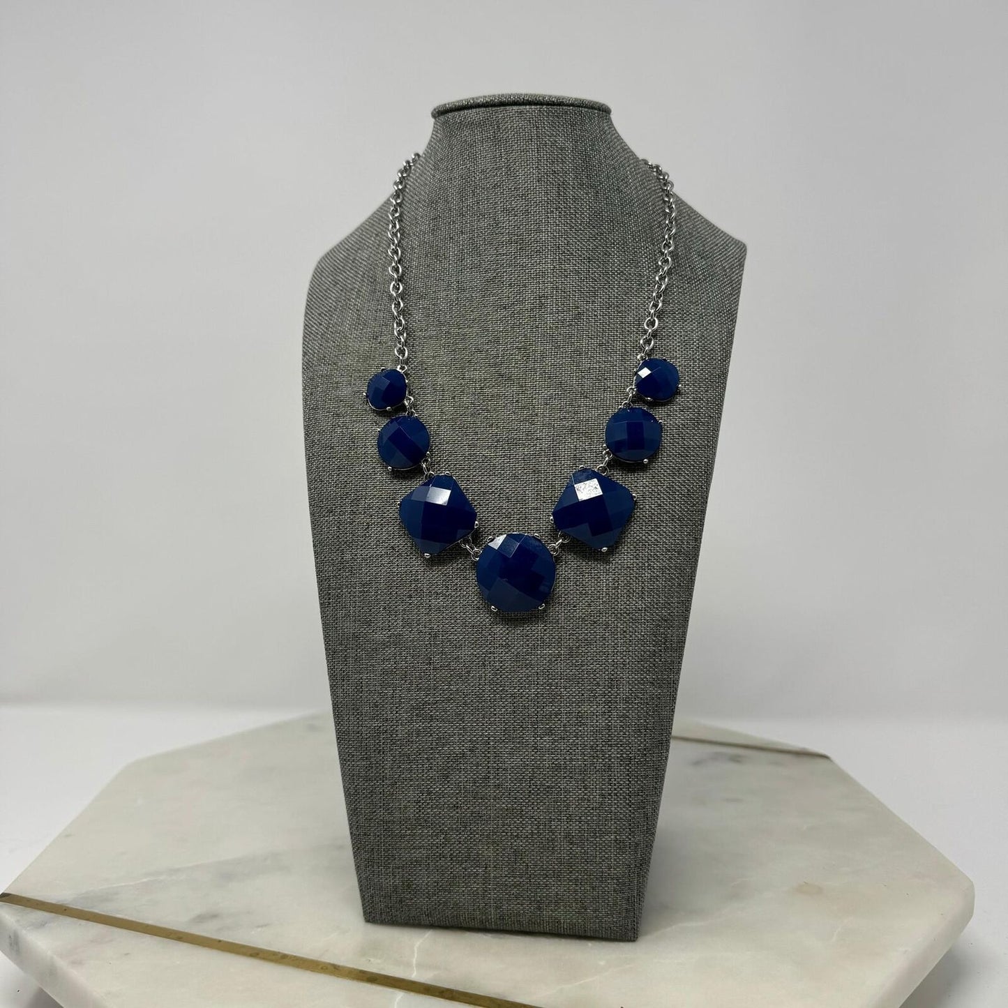 Royal Blue Statement Silver Chain Necklace Faceted Gem Accent Minimal Elegant 16”