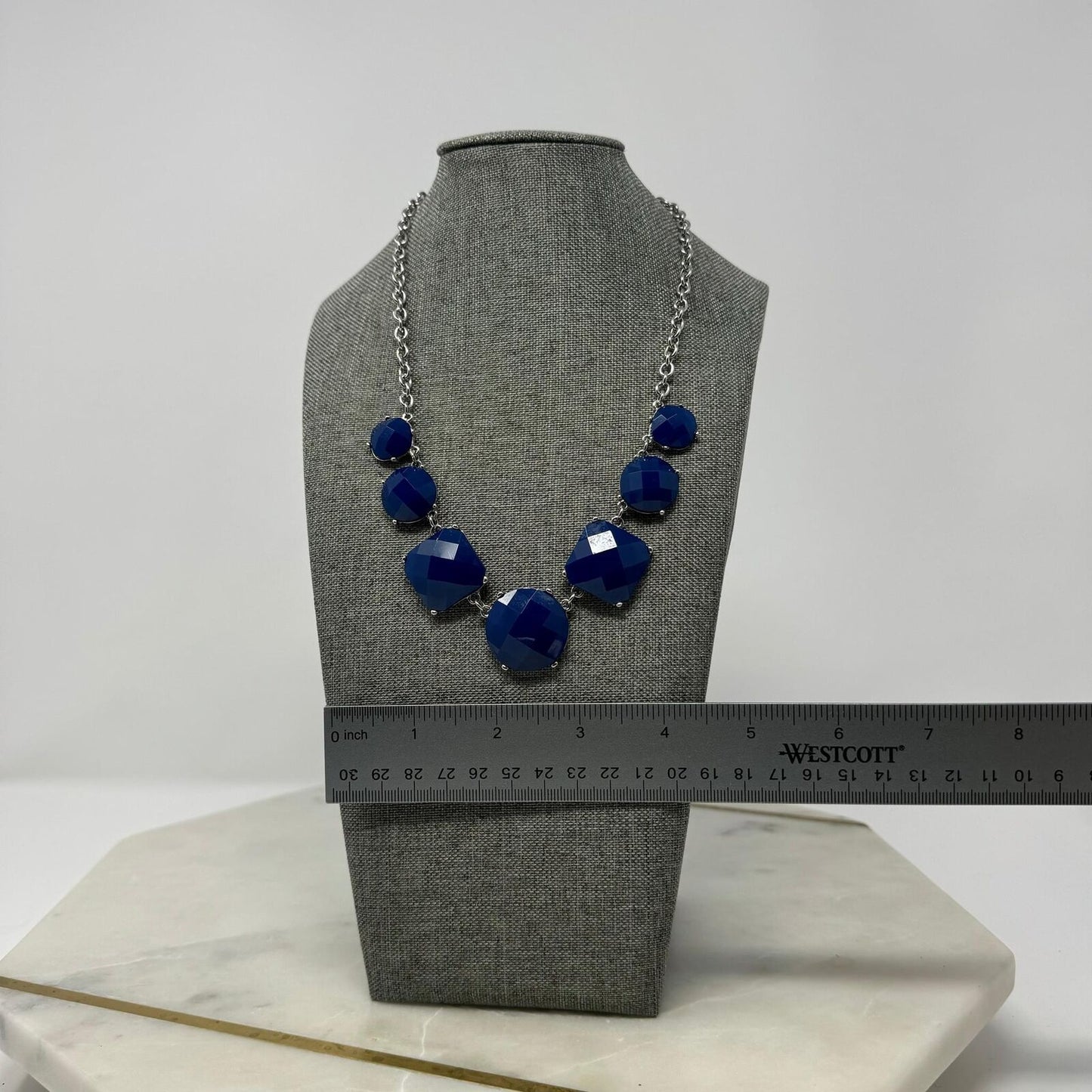 Royal Blue Statement Silver Chain Necklace Faceted Gem Accent Minimal Elegant 16”