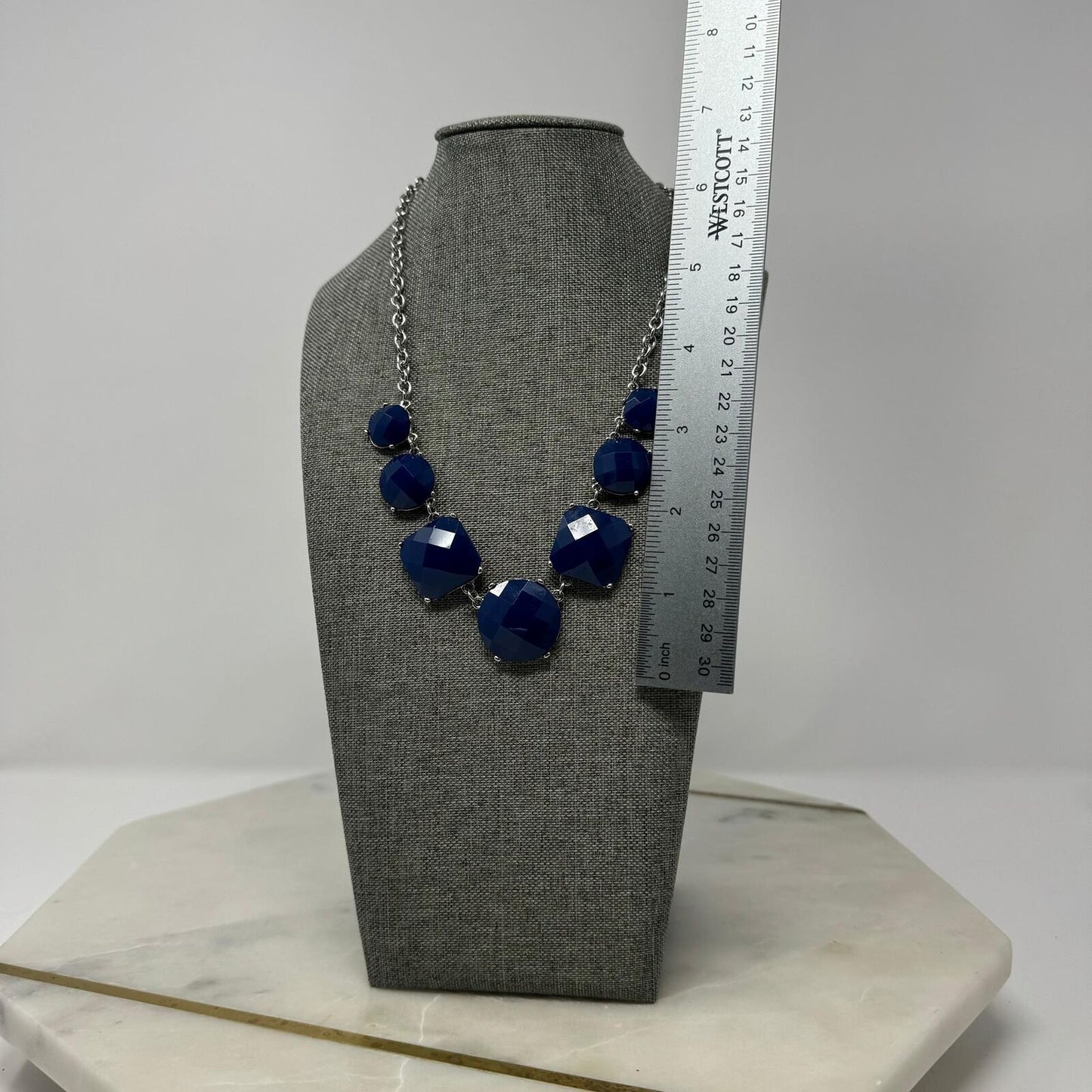 Royal Blue Statement Silver Chain Necklace Faceted Gem Accent Minimal Elegant 16”