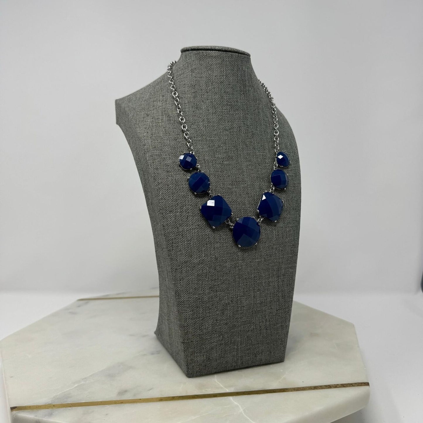 Royal Blue Statement Silver Chain Necklace Faceted Gem Accent Minimal Elegant 16”