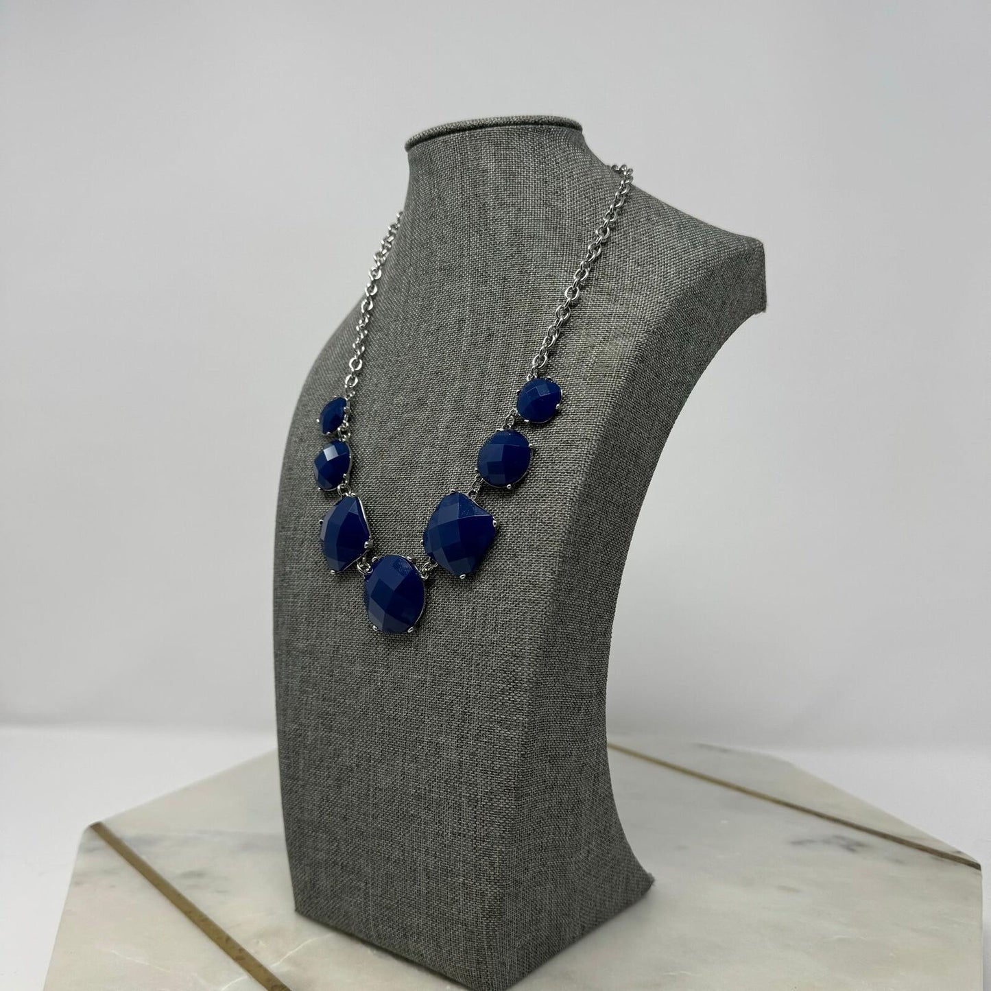 Royal Blue Statement Silver Chain Necklace Faceted Gem Accent Minimal Elegant 16”