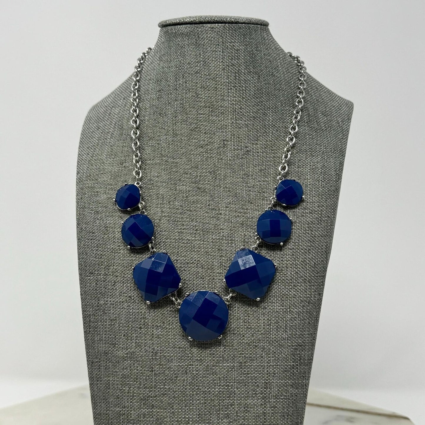 Royal Blue Statement Silver Chain Necklace Faceted Gem Accent Minimal Elegant 16”