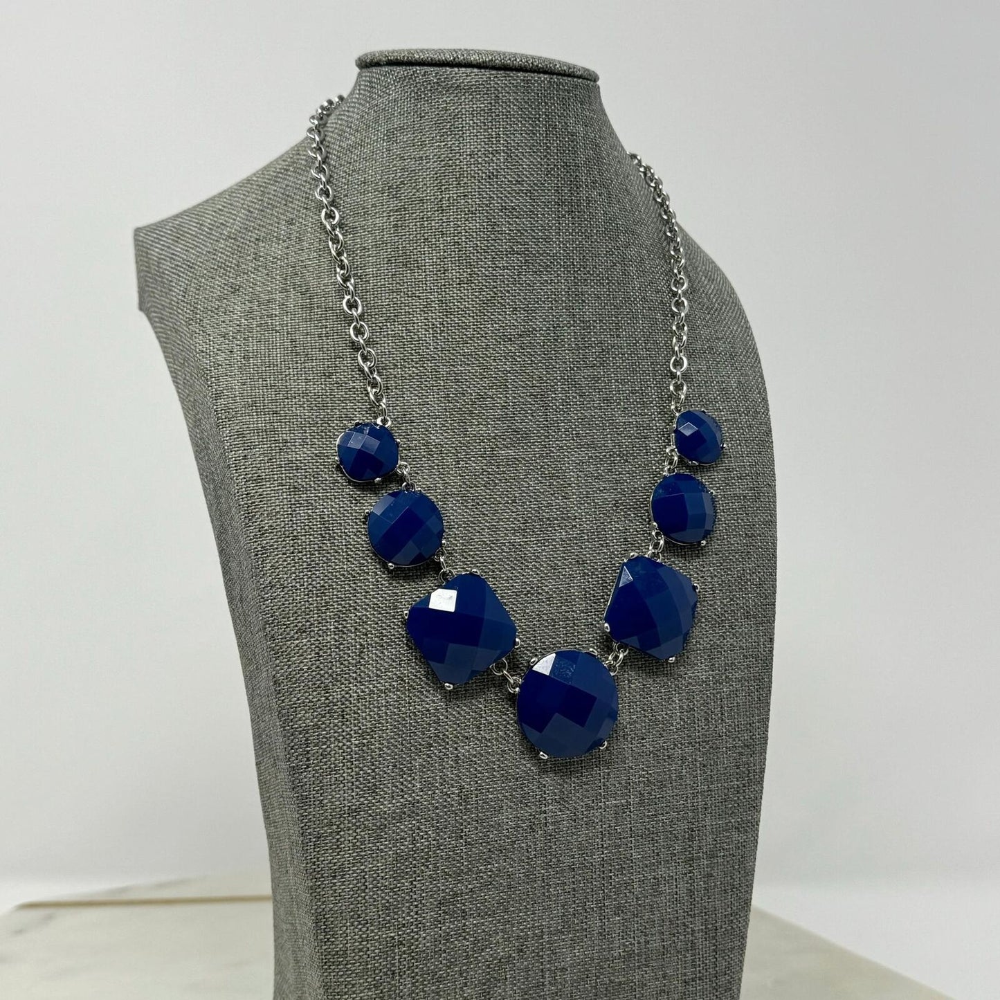 Royal Blue Statement Silver Chain Necklace Faceted Gem Accent Minimal Elegant 16”