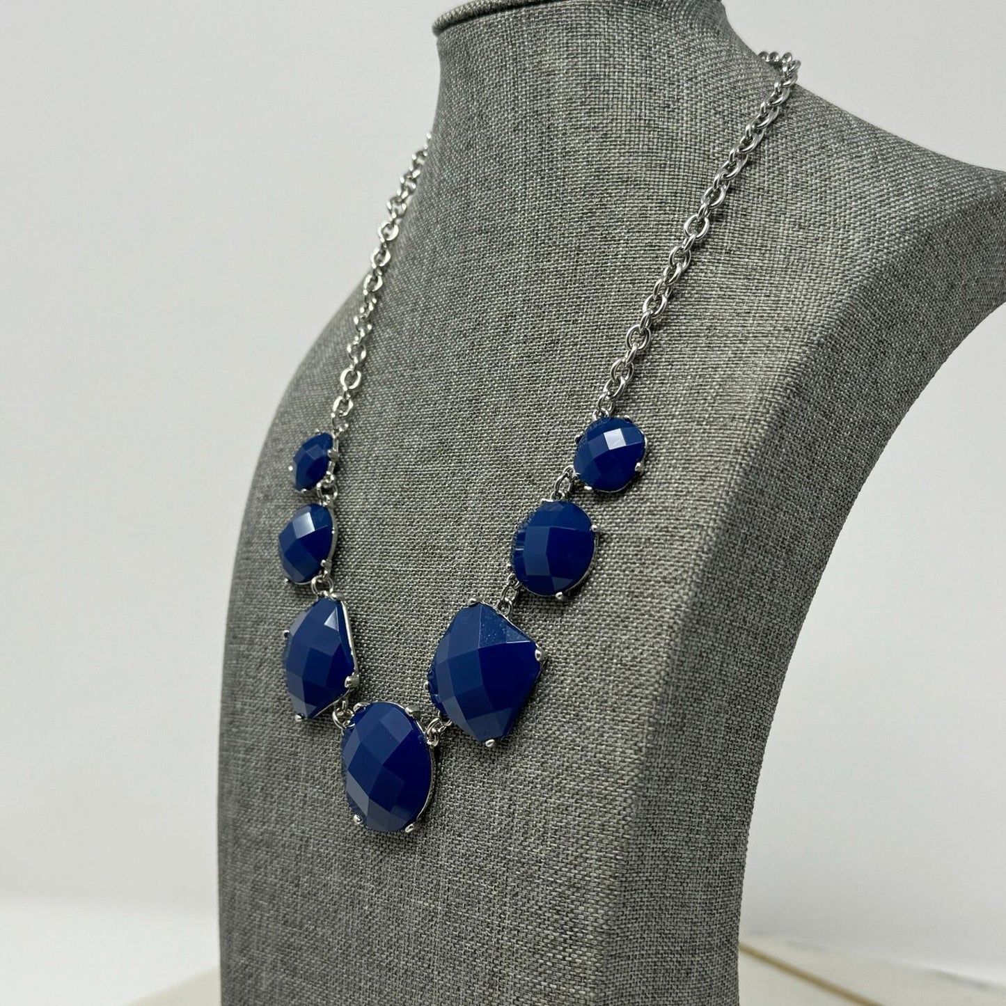 Royal Blue Statement Silver Chain Necklace Faceted Gem Accent Minimal Elegant 16”