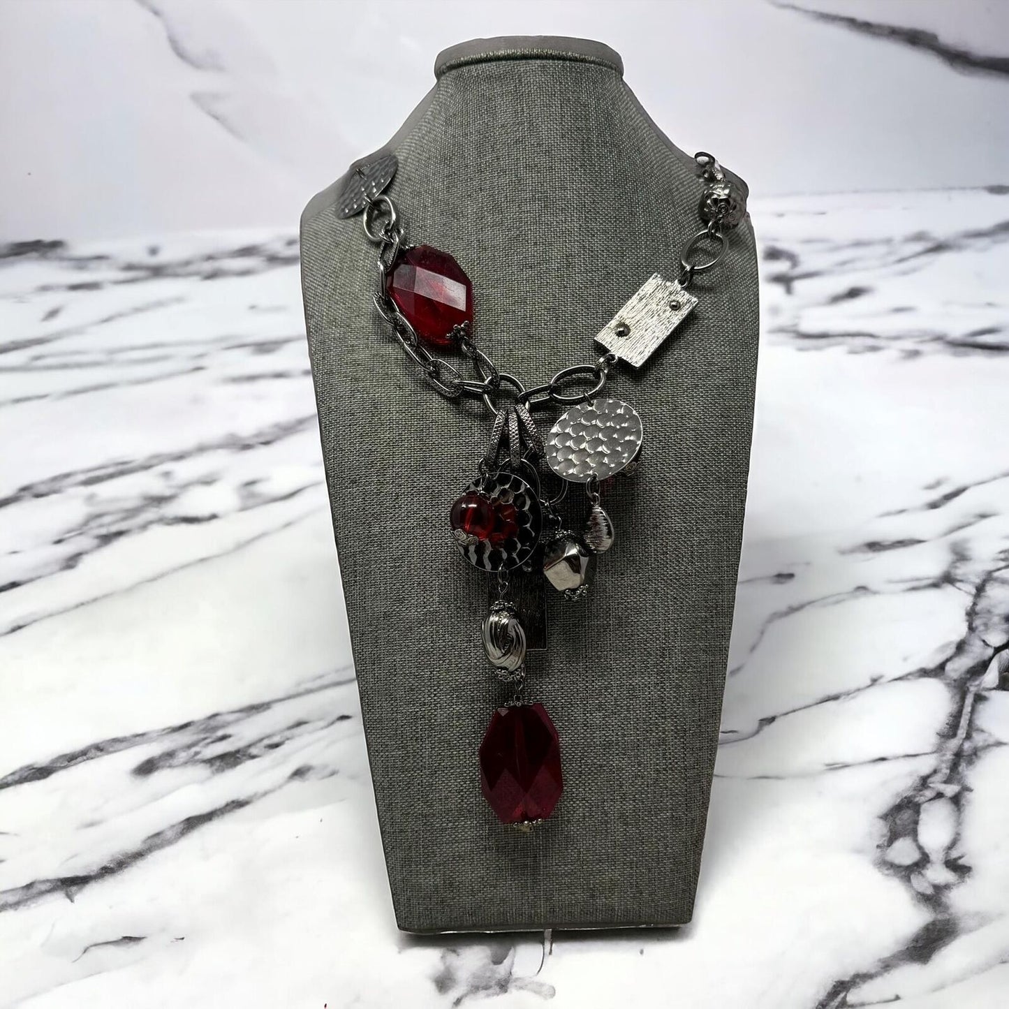 Bijoux Terner Red Statement Necklace Black Gun Metal Chain Bold Faceted Accent 24”