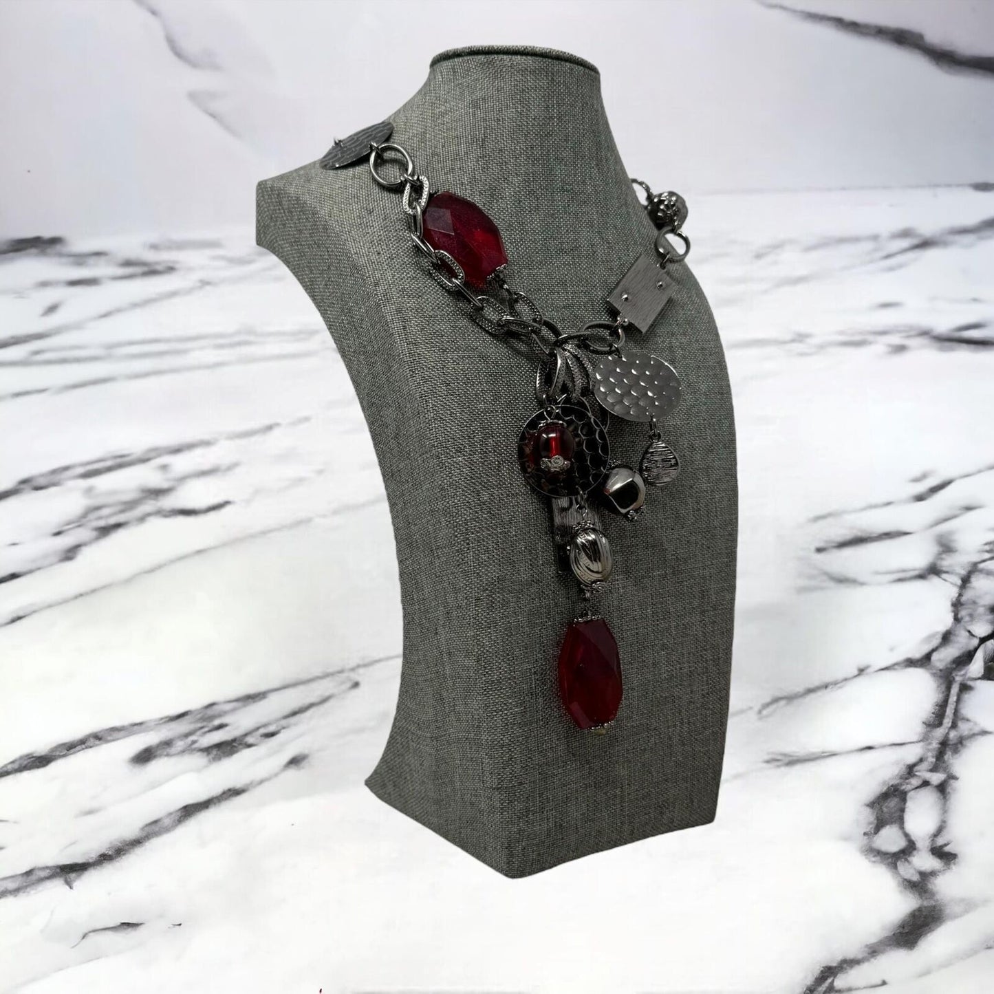 Bijoux Terner Red Statement Necklace Black Gun Metal Chain Bold Faceted Accent 24”