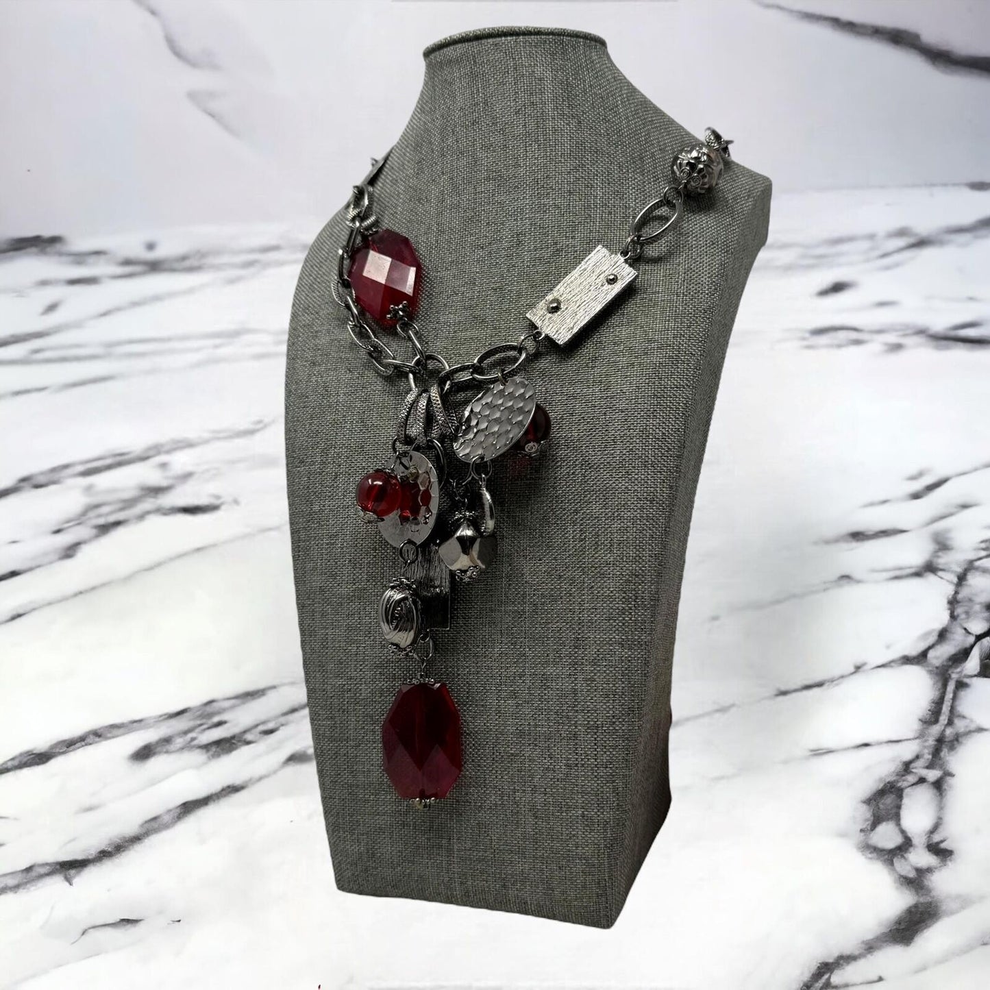 Bijoux Terner Red Statement Necklace Black Gun Metal Chain Bold Faceted Accent 24”