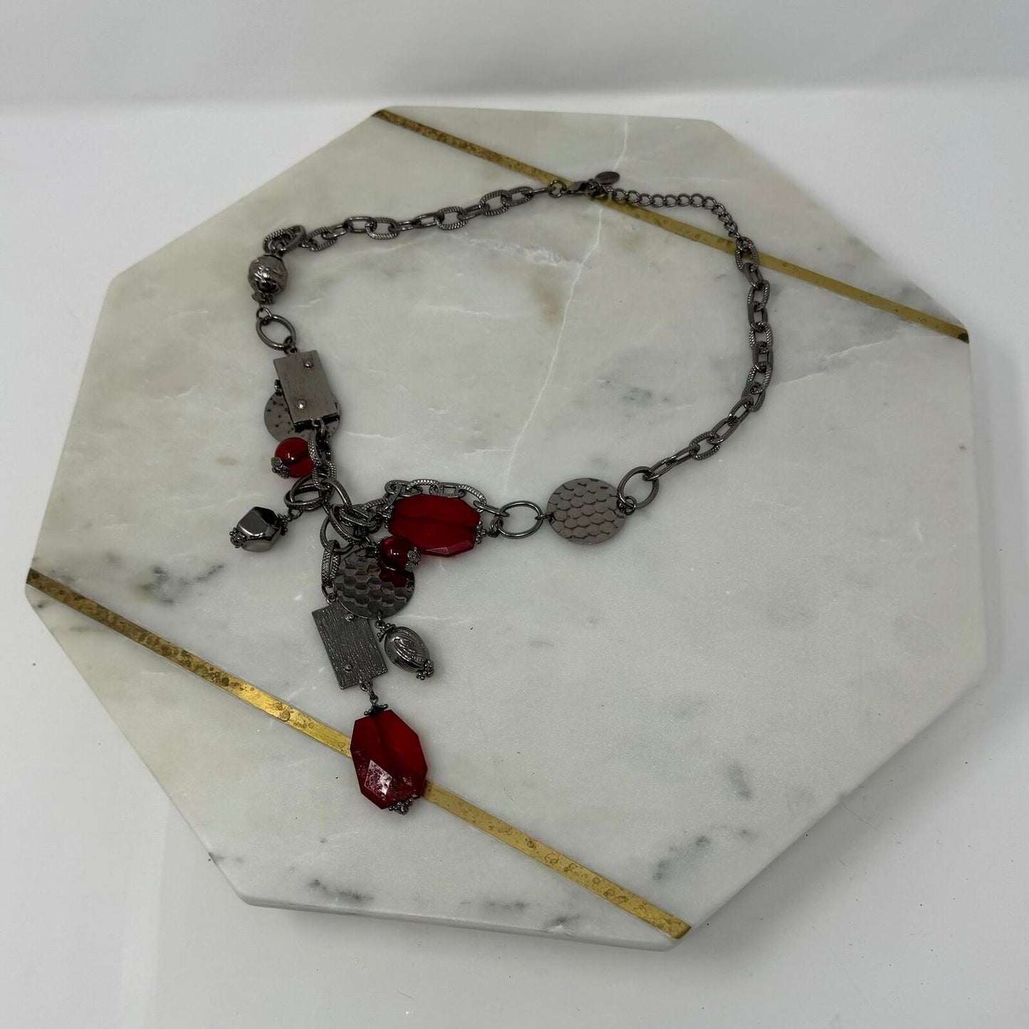 Bijoux Terner Red Statement Necklace Black Gun Metal Chain Bold Faceted Accent 24”