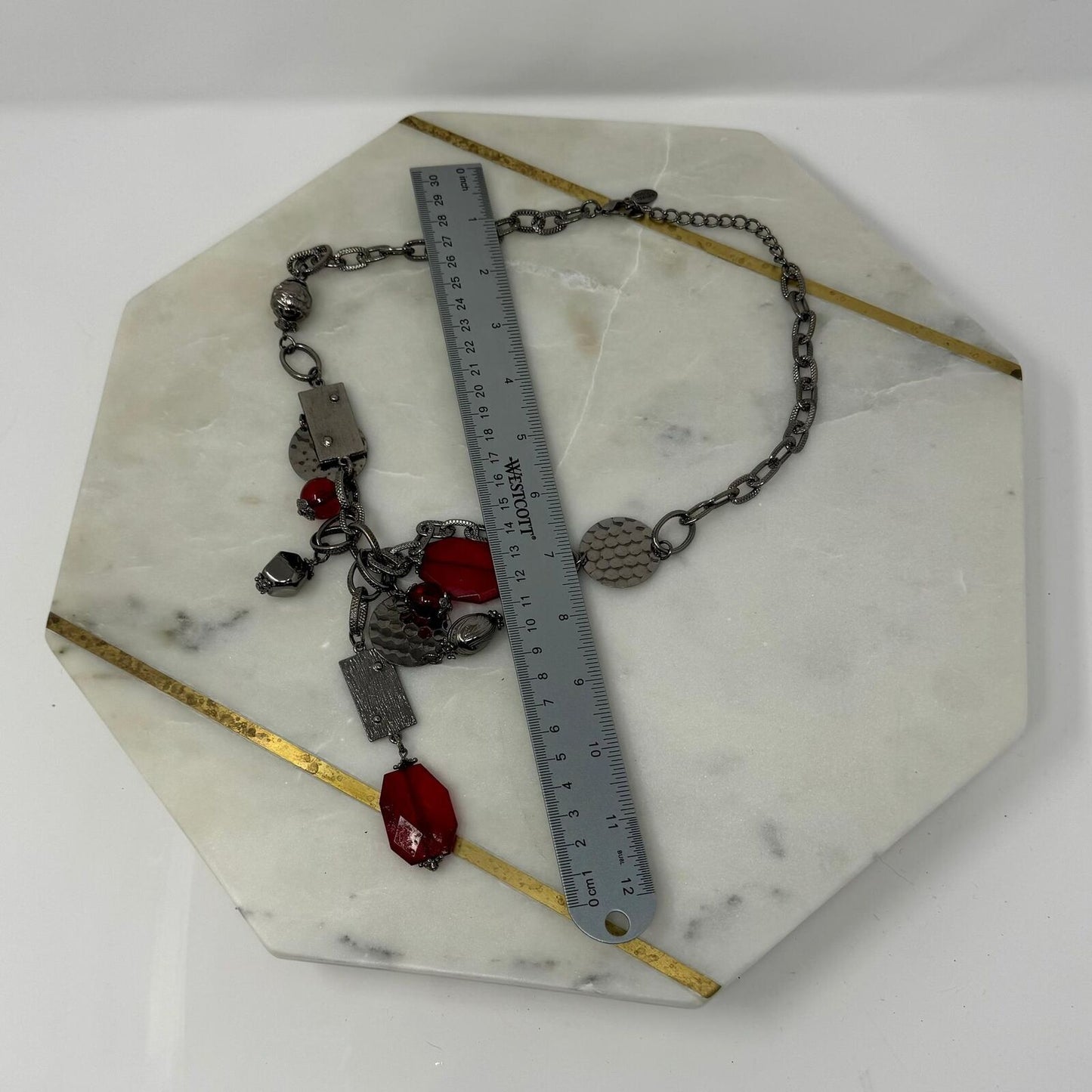 Bijoux Terner Red Statement Necklace Black Gun Metal Chain Bold Faceted Accent 24”