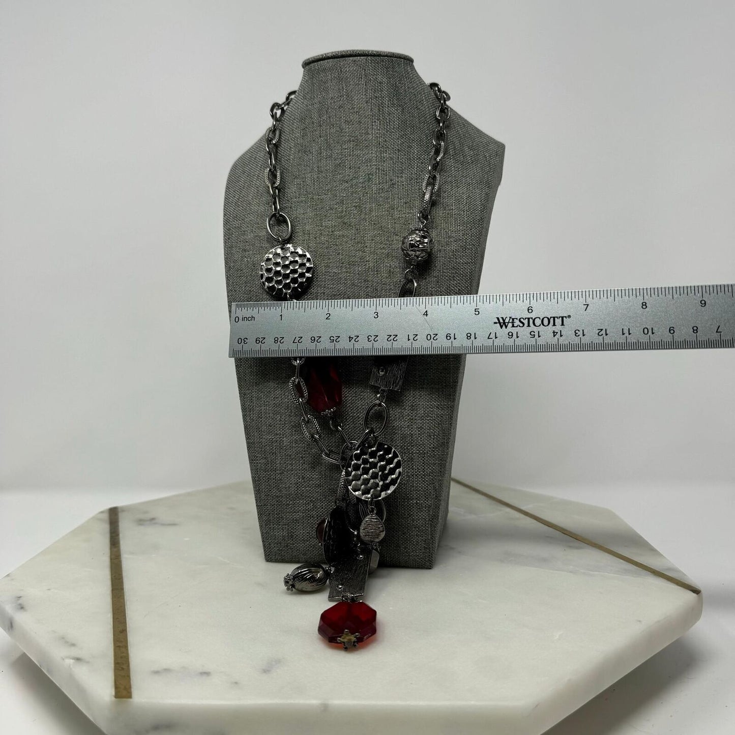 Bijoux Terner Red Statement Necklace Black Gun Metal Chain Bold Faceted Accent 24”