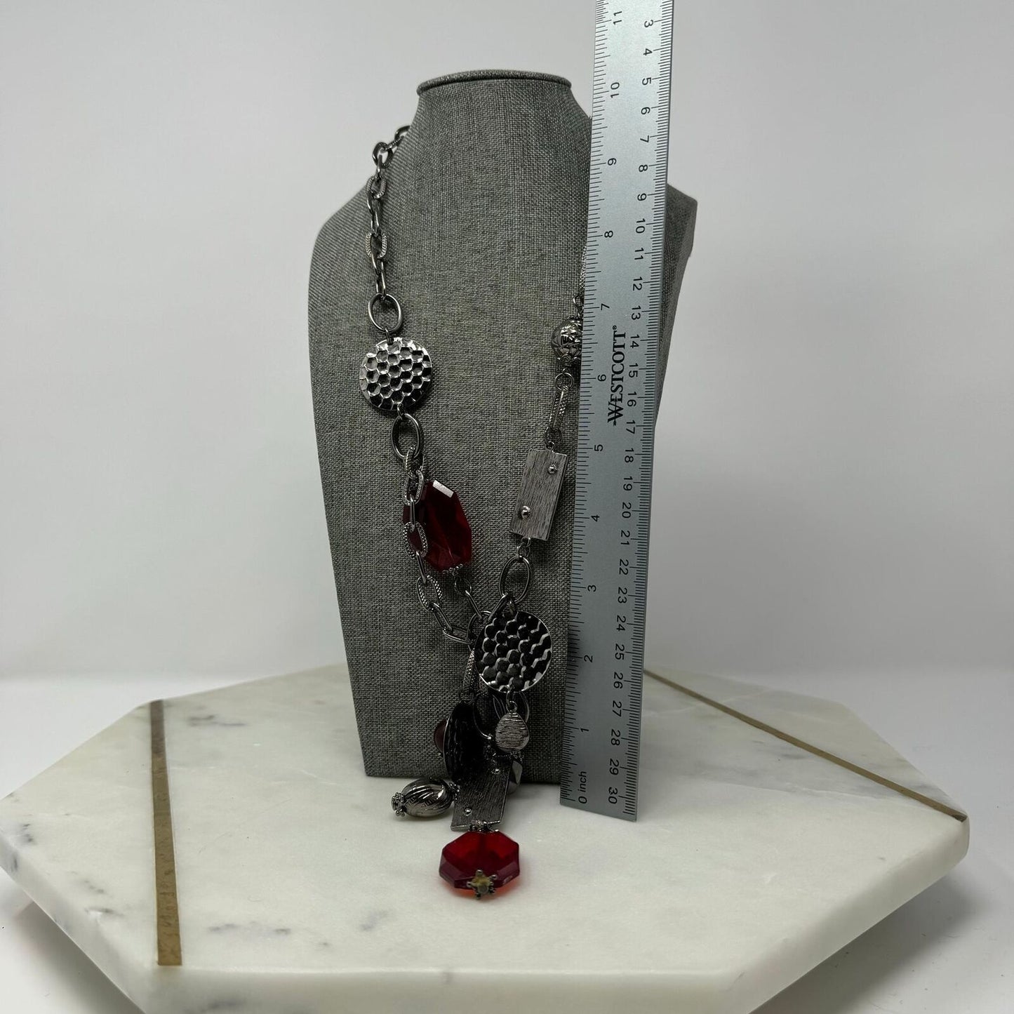 Bijoux Terner Red Statement Necklace Black Gun Metal Chain Bold Faceted Accent 24”