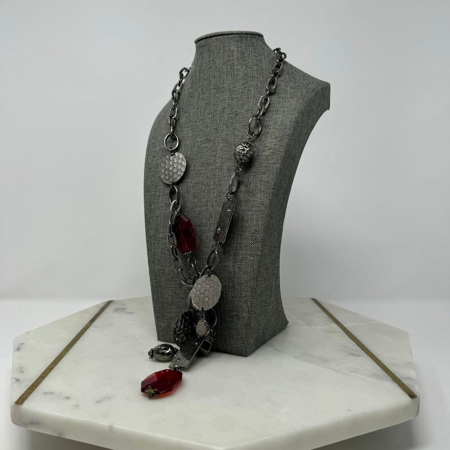 Bijoux Terner Red Statement Necklace Black Gun Metal Chain Bold Faceted Accent 24”