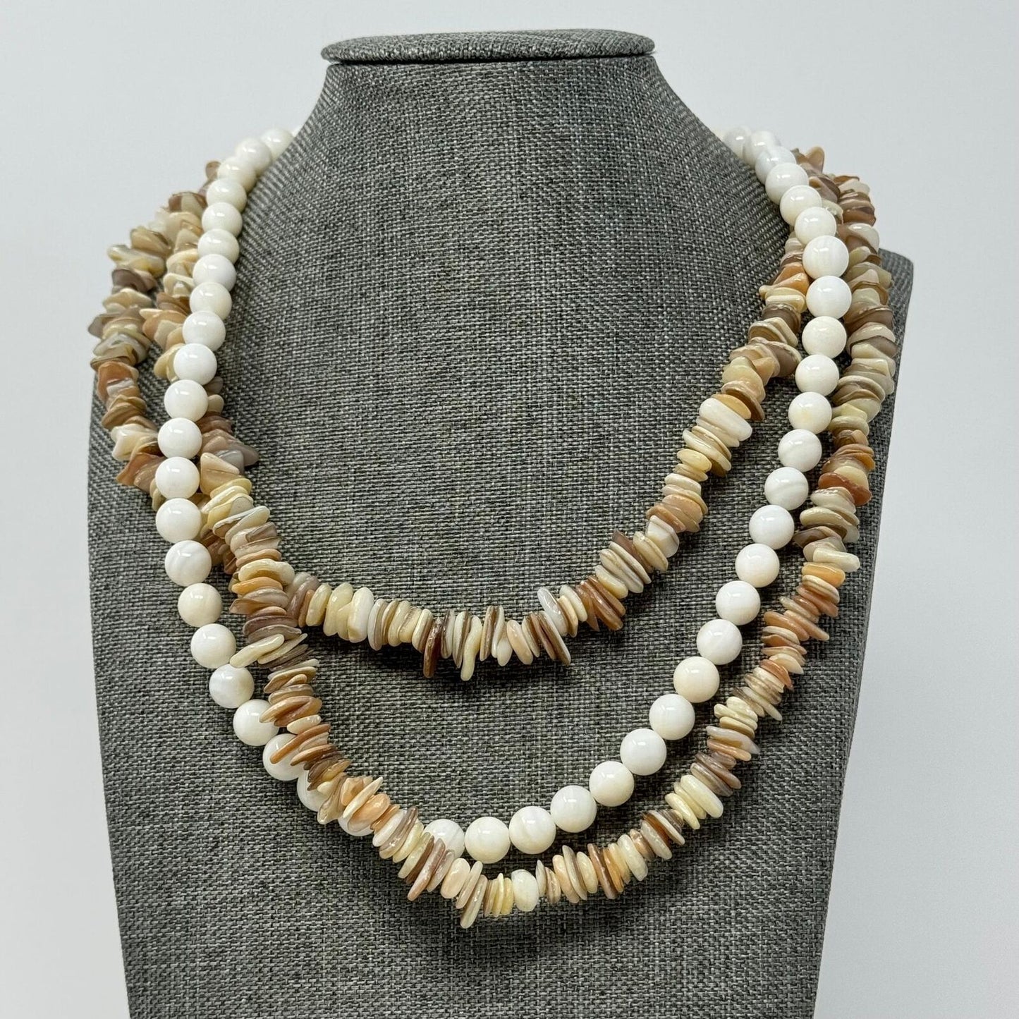 Multi-Layer Natural Shell Statement Necklace Glass Bead Accent Beach Boho Chic
