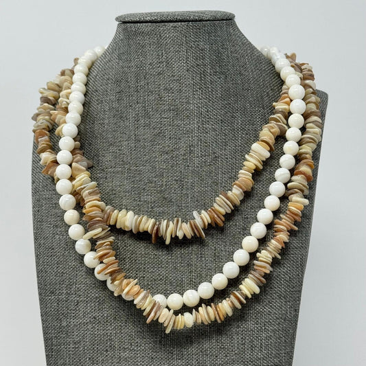Multi-Layer Natural Shell Statement Necklace Glass Bead Accent Beach Boho Chic