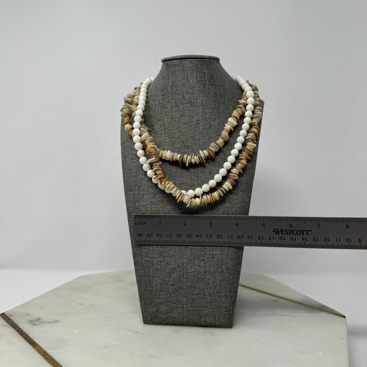 Multi-Layer Natural Shell Statement Necklace Glass Bead Accent Beach Boho Chic