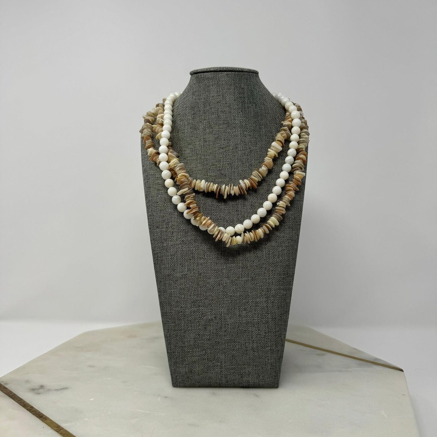 Multi-Layer Natural Shell Statement Necklace Glass Bead Accent Beach Boho Chic