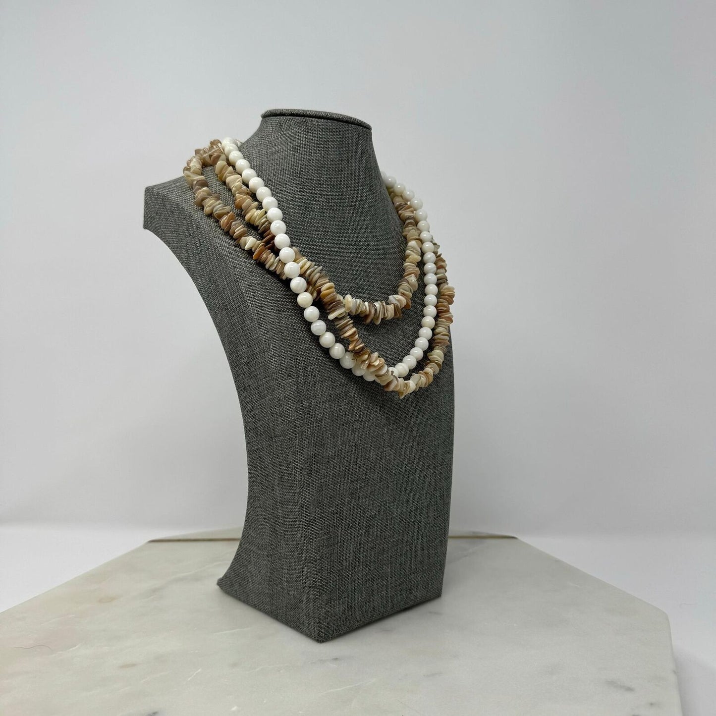 Multi-Layer Natural Shell Statement Necklace Glass Bead Accent Beach Boho Chic