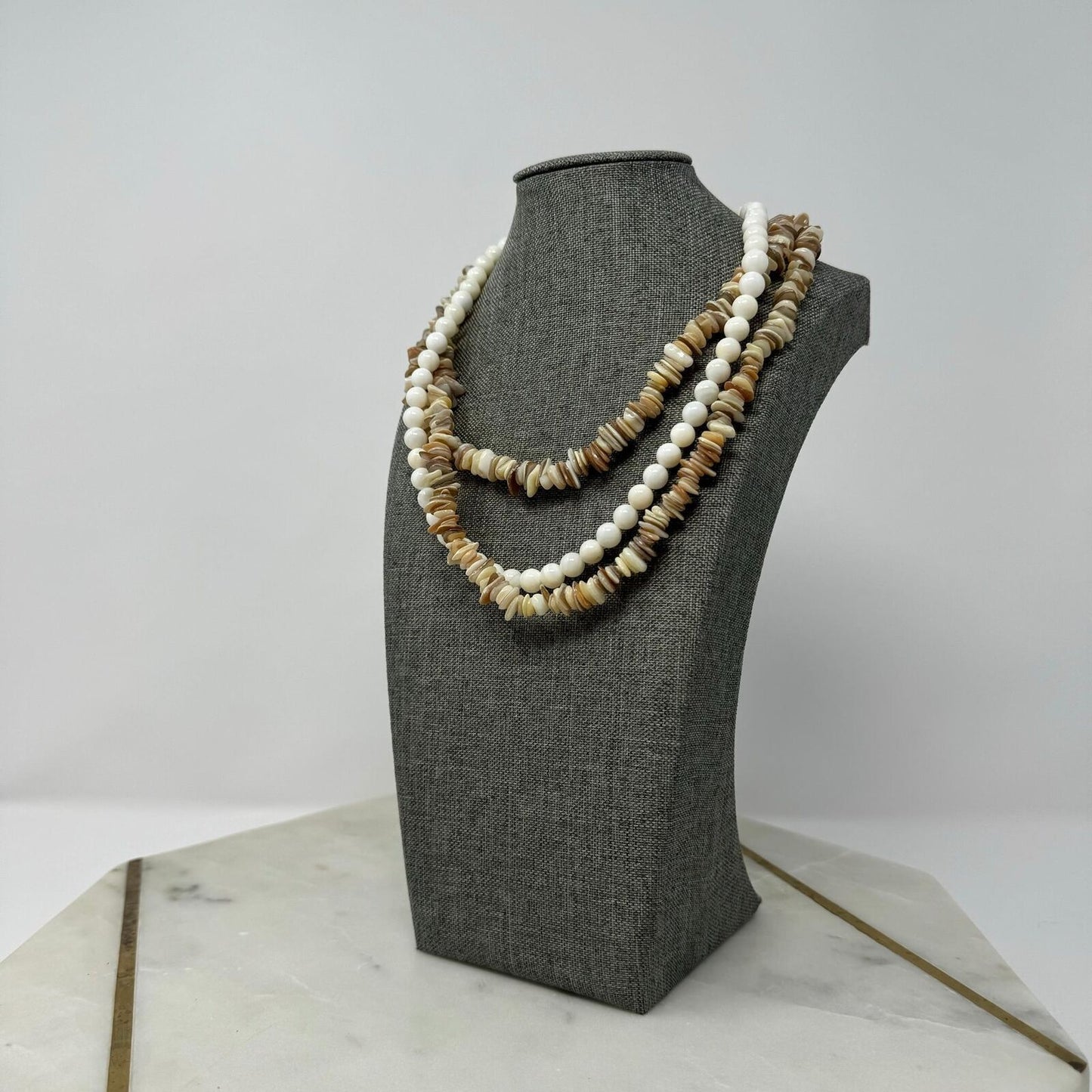 Multi-Layer Natural Shell Statement Necklace Glass Bead Accent Beach Boho Chic