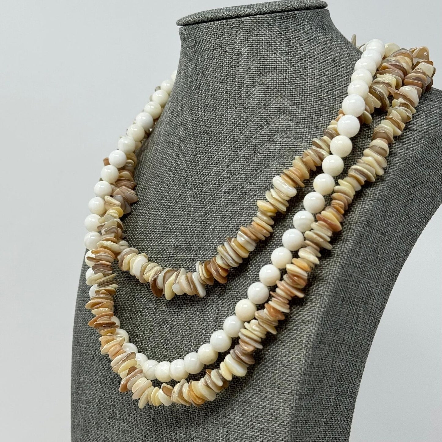 Multi-Layer Natural Shell Statement Necklace Glass Bead Accent Beach Boho Chic