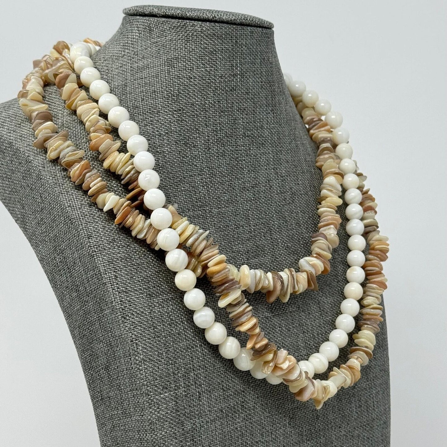 Multi-Layer Natural Shell Statement Necklace Glass Bead Accent Beach Boho Chic