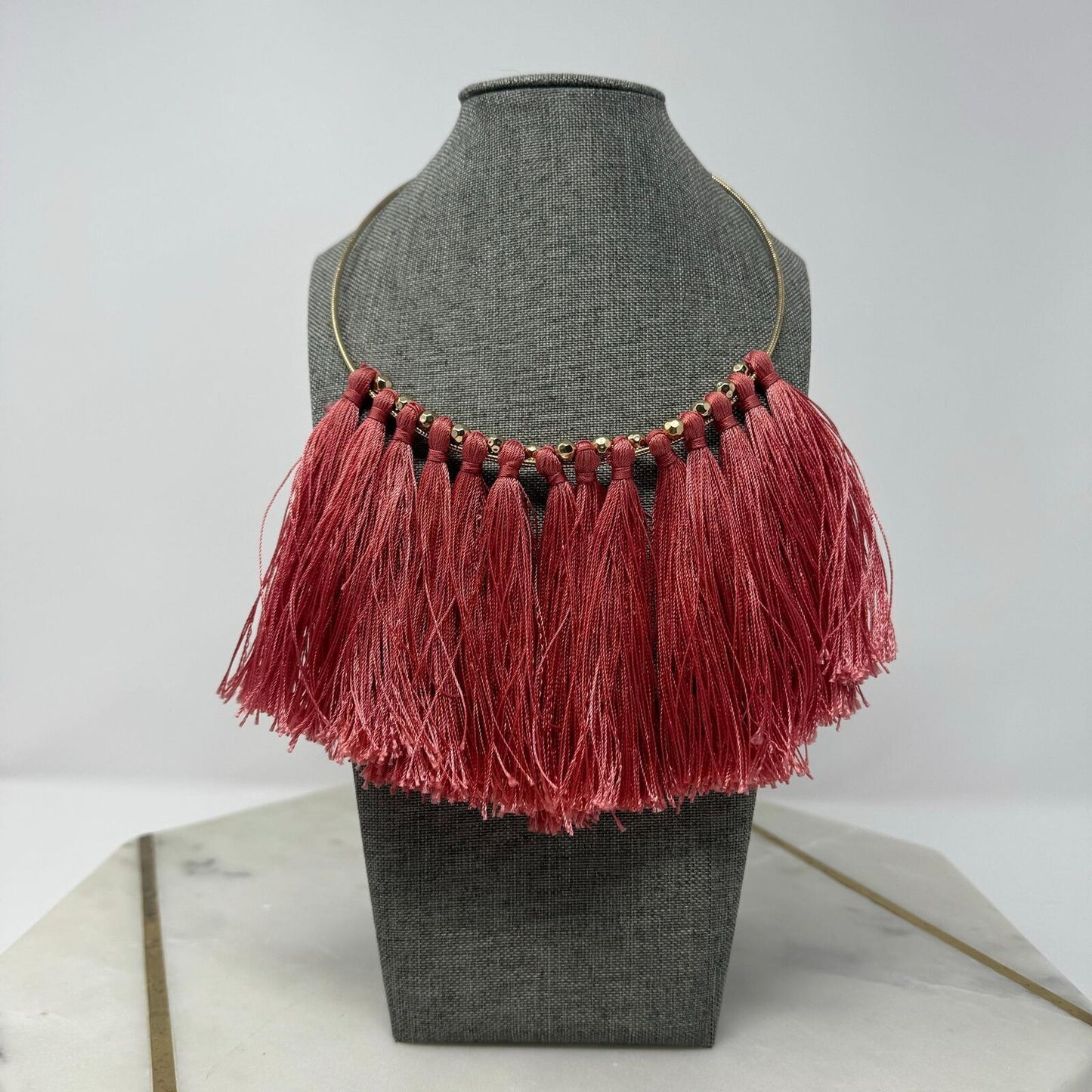 Natasha Coral Fringe Statement Necklace Gold Collar Bold Pink Sleek Boho 18”