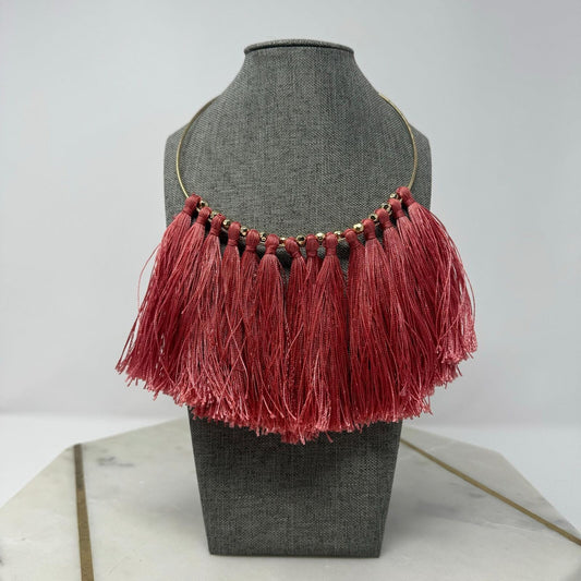 Natasha Coral Fringe Statement Necklace Gold Collar Bold Pink Sleek Boho 18”