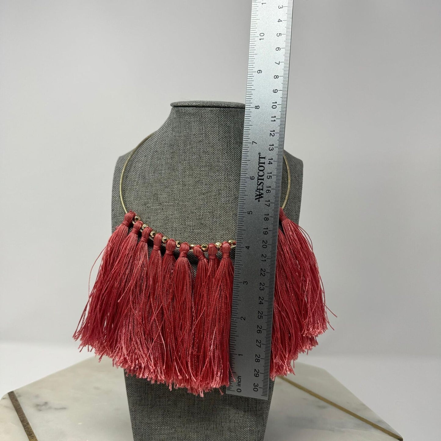 Natasha Coral Fringe Statement Necklace Gold Collar Bold Pink Sleek Boho 18”