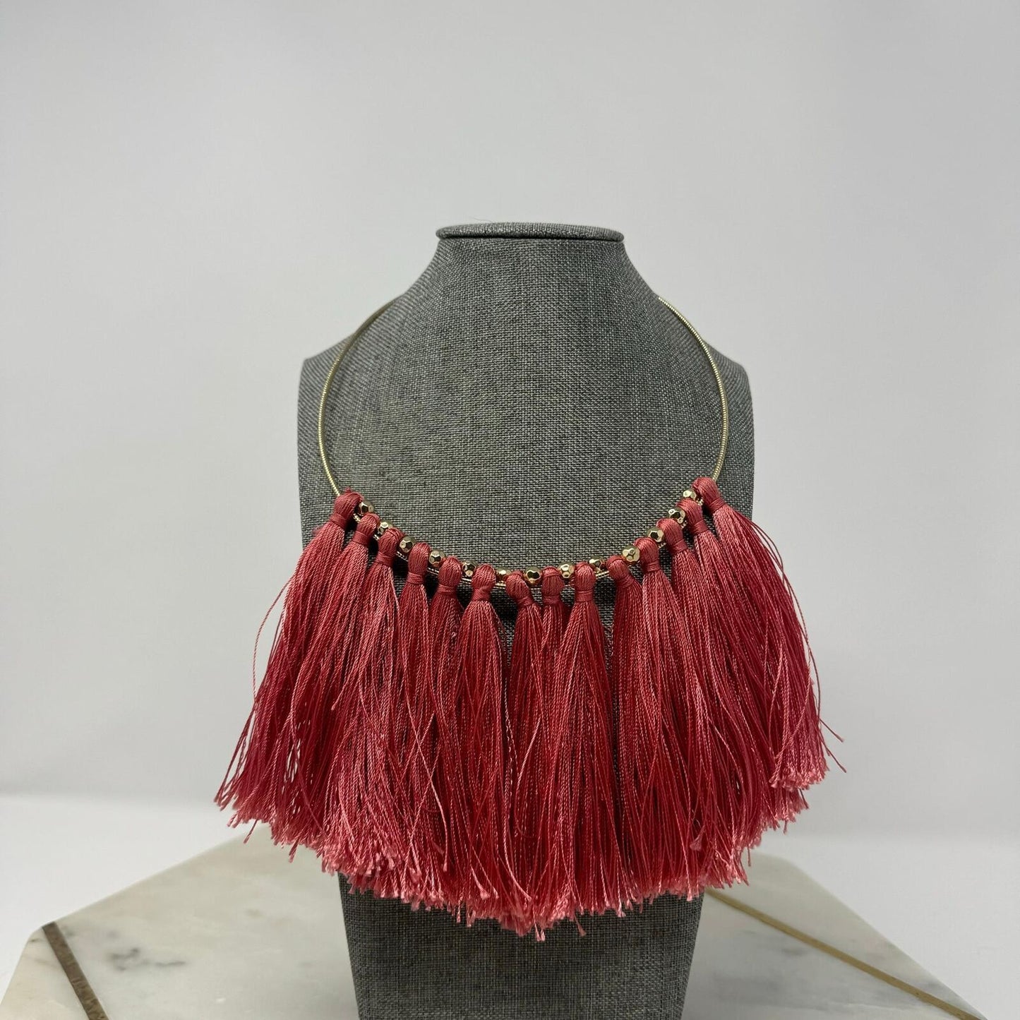 Natasha Coral Fringe Statement Necklace Gold Collar Bold Pink Sleek Boho 18”