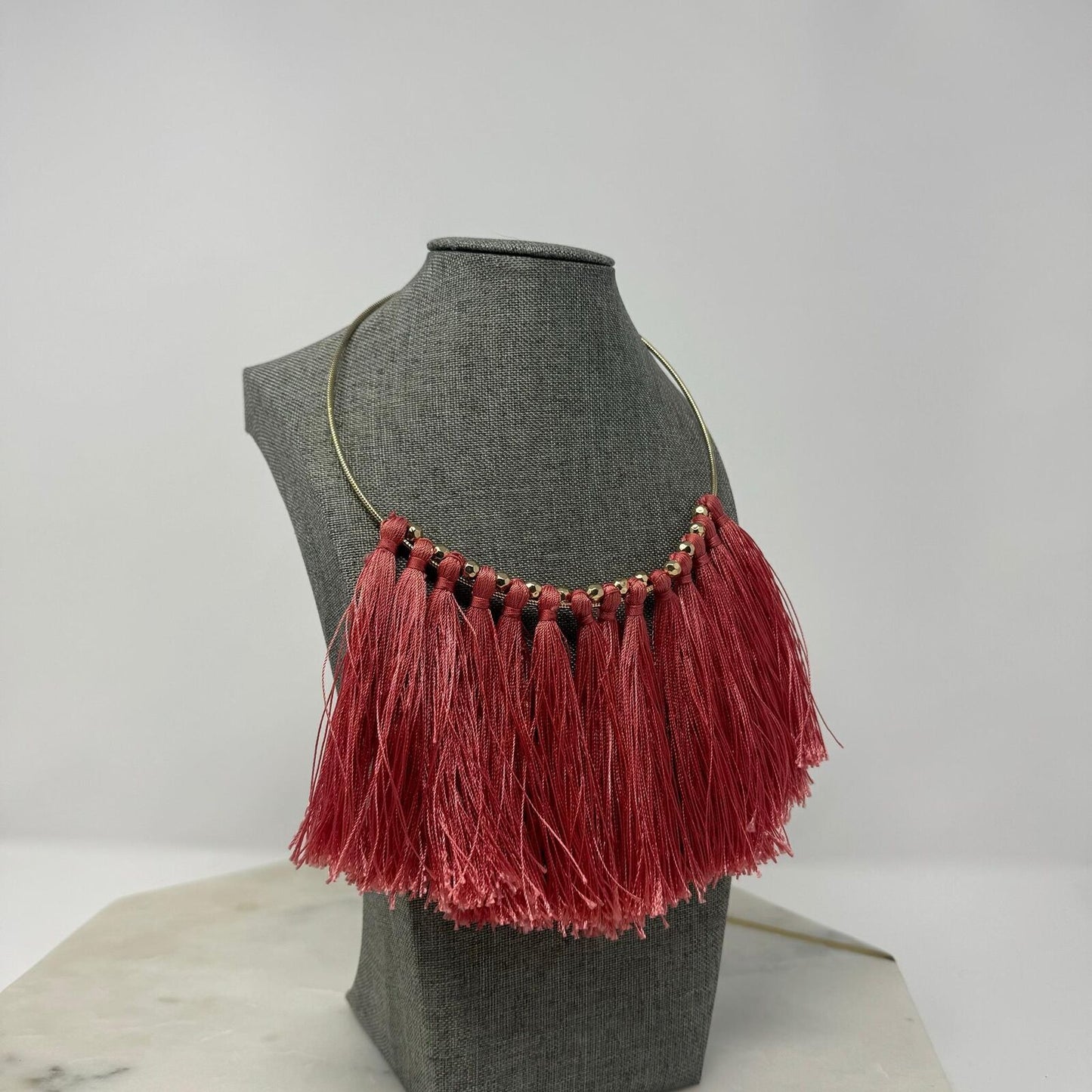 Natasha Coral Fringe Statement Necklace Gold Collar Bold Pink Sleek Boho 18”