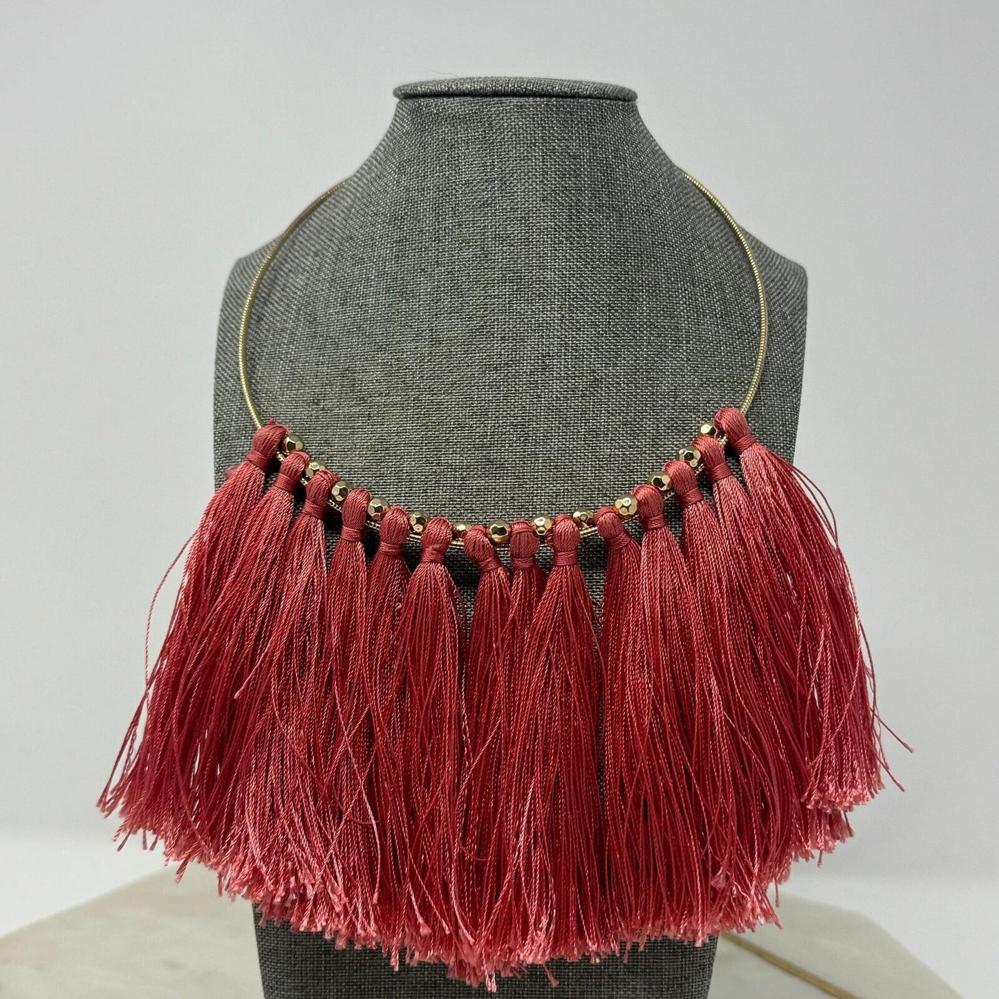Natasha Coral Fringe Statement Necklace Gold Collar Bold Pink Sleek Boho 18”