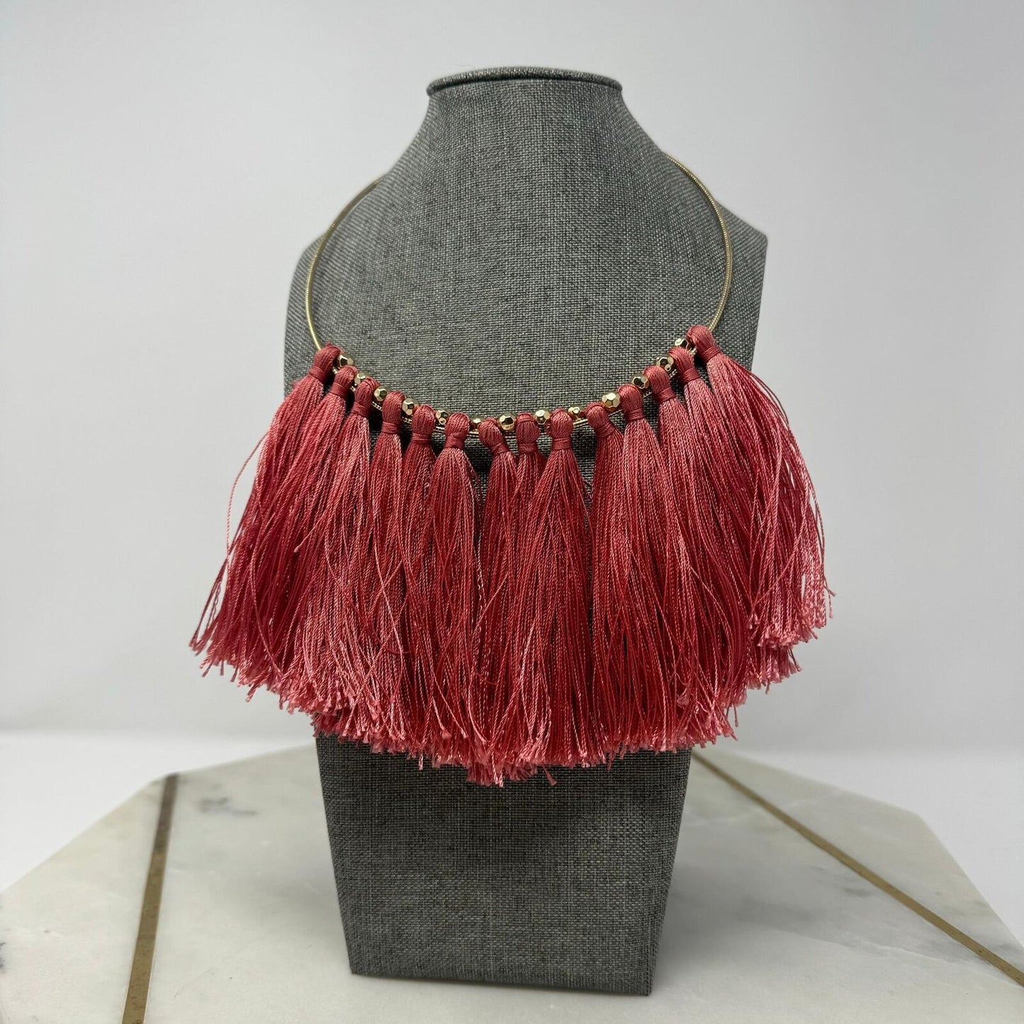Natasha Coral Fringe Statement Necklace Gold Collar Bold Pink Sleek Boho 18”