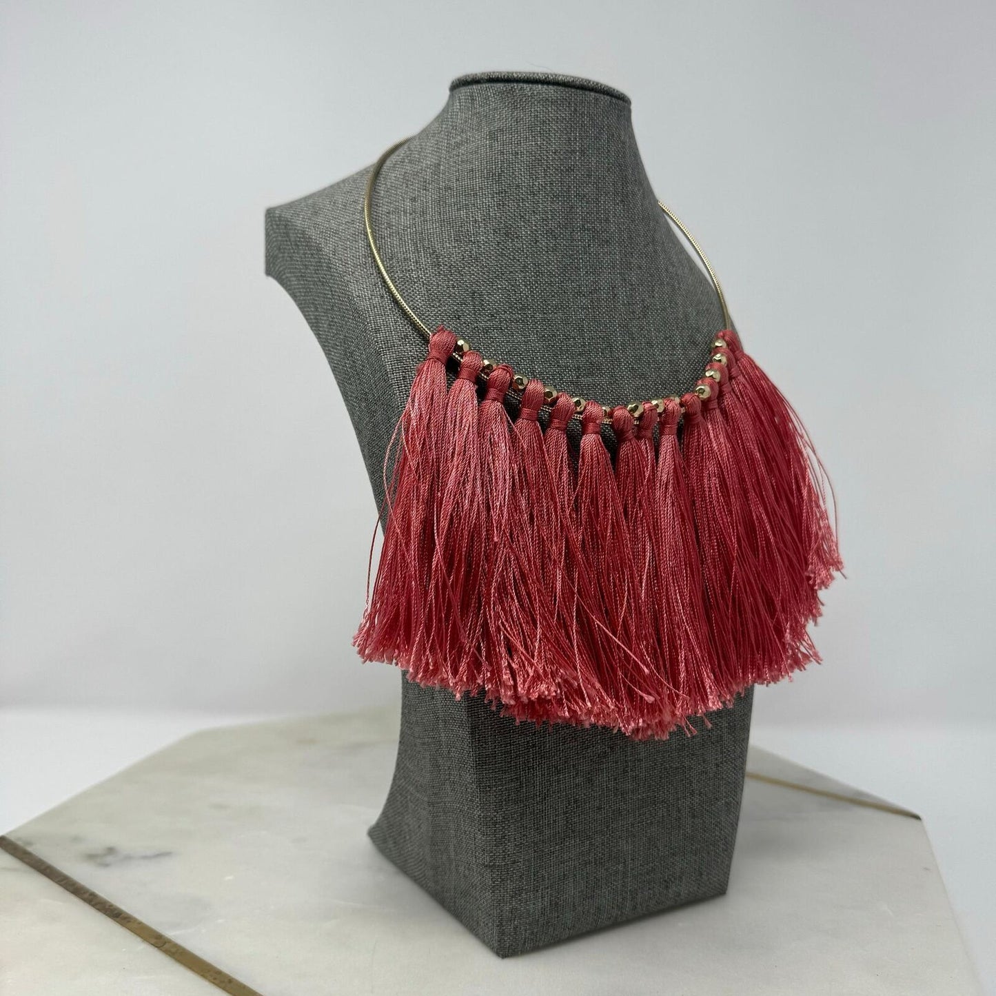 Natasha Coral Fringe Statement Necklace Gold Collar Bold Pink Sleek Boho 18”