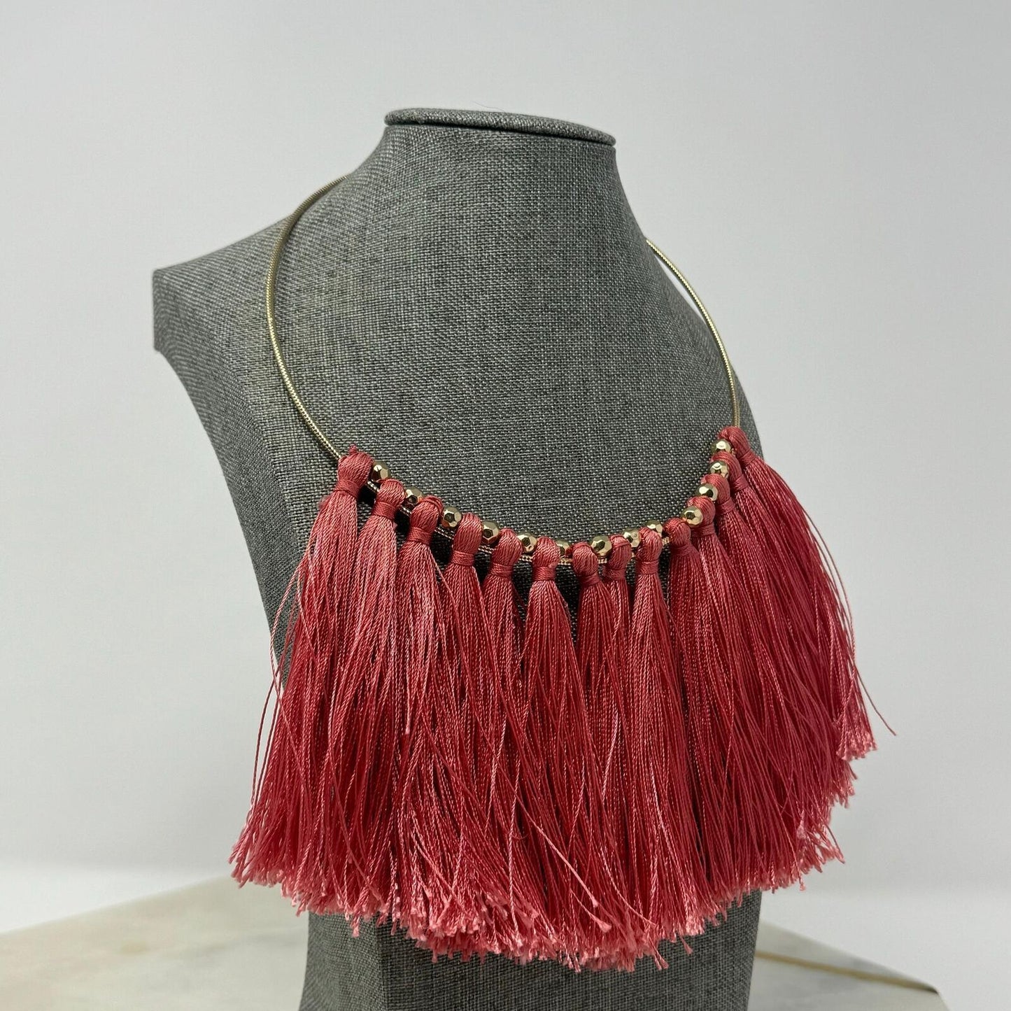 Natasha Coral Fringe Statement Necklace Gold Collar Bold Pink Sleek Boho 18”