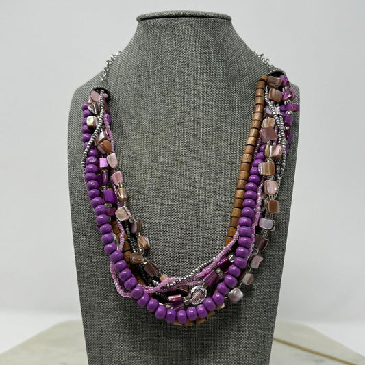 Purple Shell Wood Statement Necklace Layered Boho Chic Accent Seed Bead Beach 18”