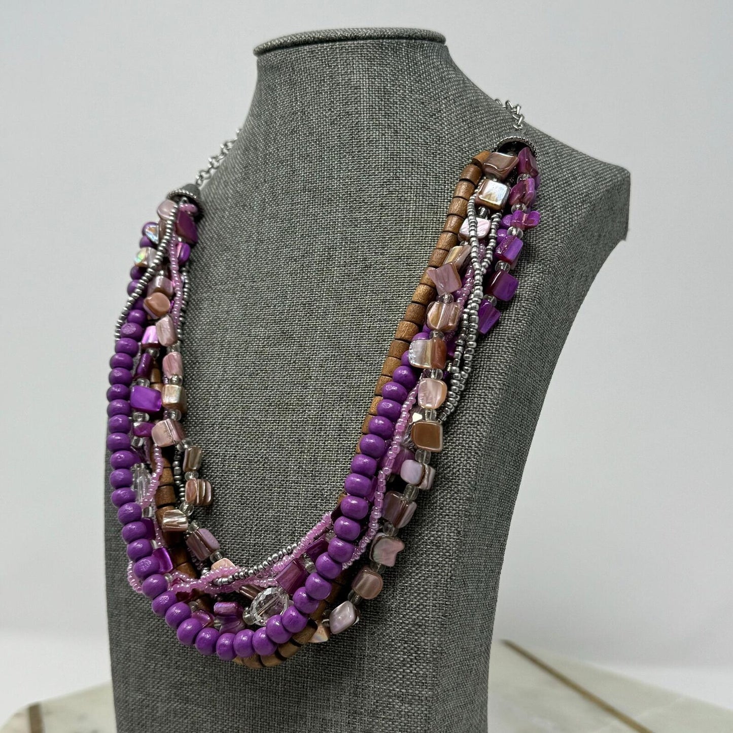 Purple Shell Wood Statement Necklace Layered Boho Chic Accent Seed Bead Beach 18”