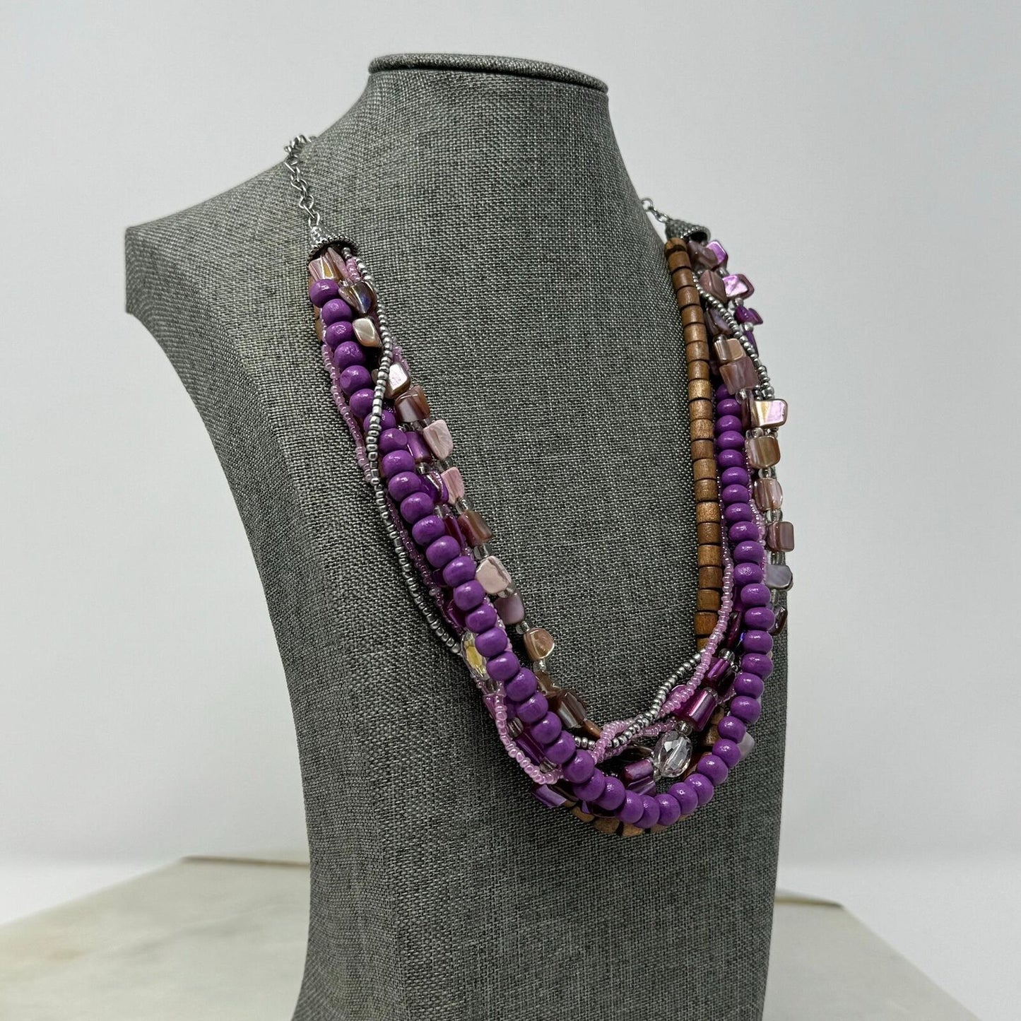 Purple Shell Wood Statement Necklace Layered Boho Chic Accent Seed Bead Beach 18”