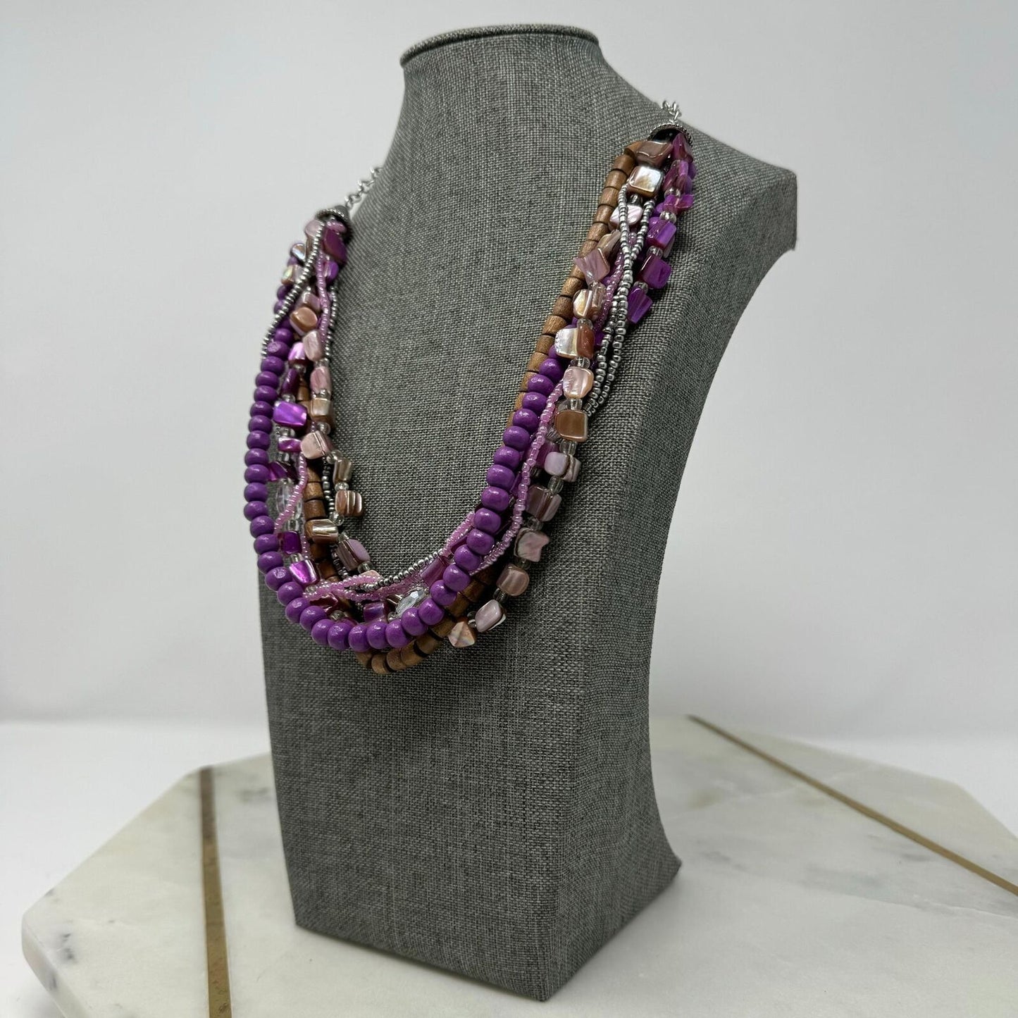 Purple Shell Wood Statement Necklace Layered Boho Chic Accent Seed Bead Beach 18”
