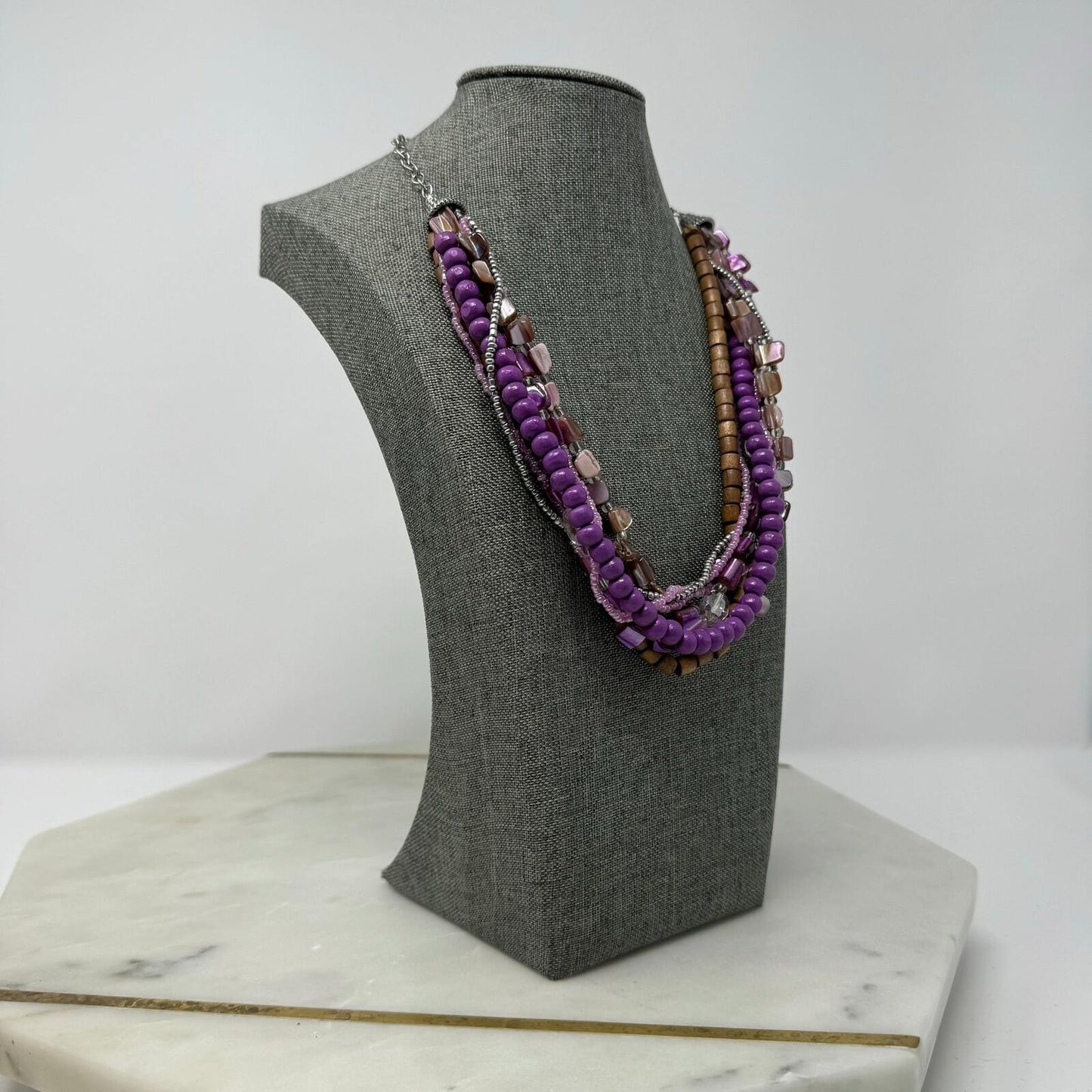 Purple Shell Wood Statement Necklace Layered Boho Chic Accent Seed Bead Beach 18”