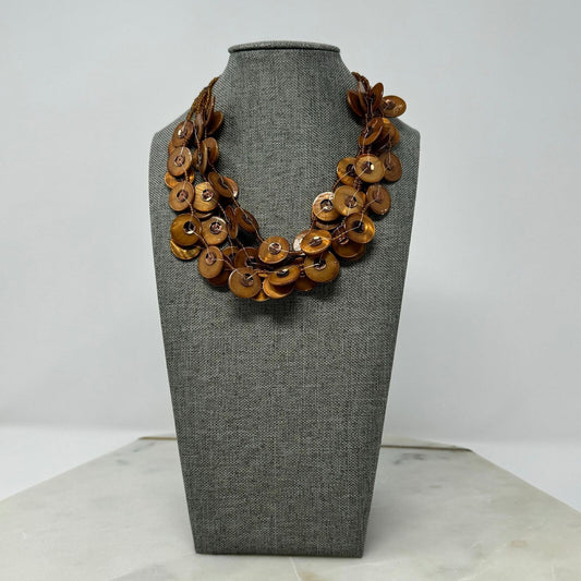 Gold Beaded Shell Layered Necklace Textured Boho Chic Beachy Shimmer 16”